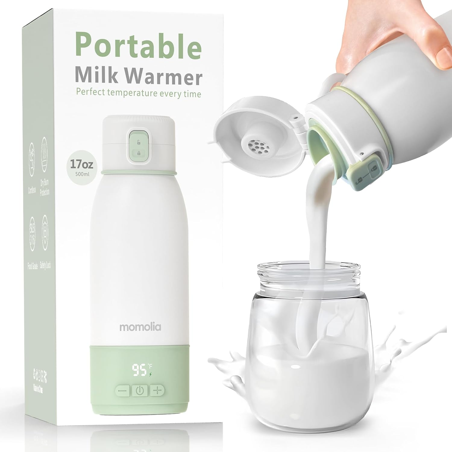 Portable Milk Warmer for Travel, Pasteurization Mode, 17 Oz Capacity, 3 Min Fast Heating & Long Battery Life, Baby Bottle Warmer for Breast Milk and Water On-The-Go, Meets Full Day Feeding Needs