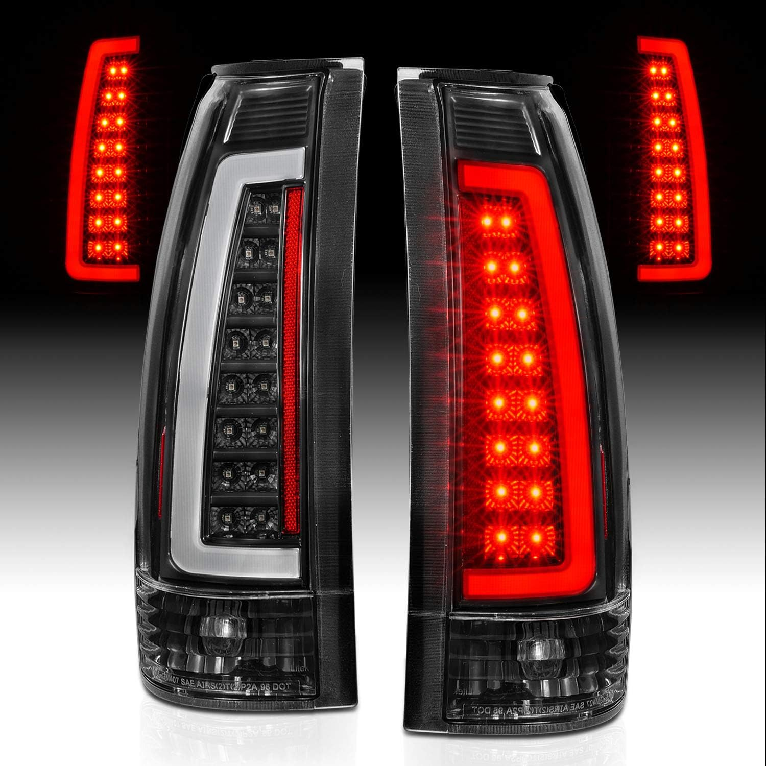 for 1988-1999 Chevy GMC C/K Pickup Truck Silverado Suburban C-Type LED Tube Clear Matte Black Replacement Tail Lights Set - Passenger and Driver Side