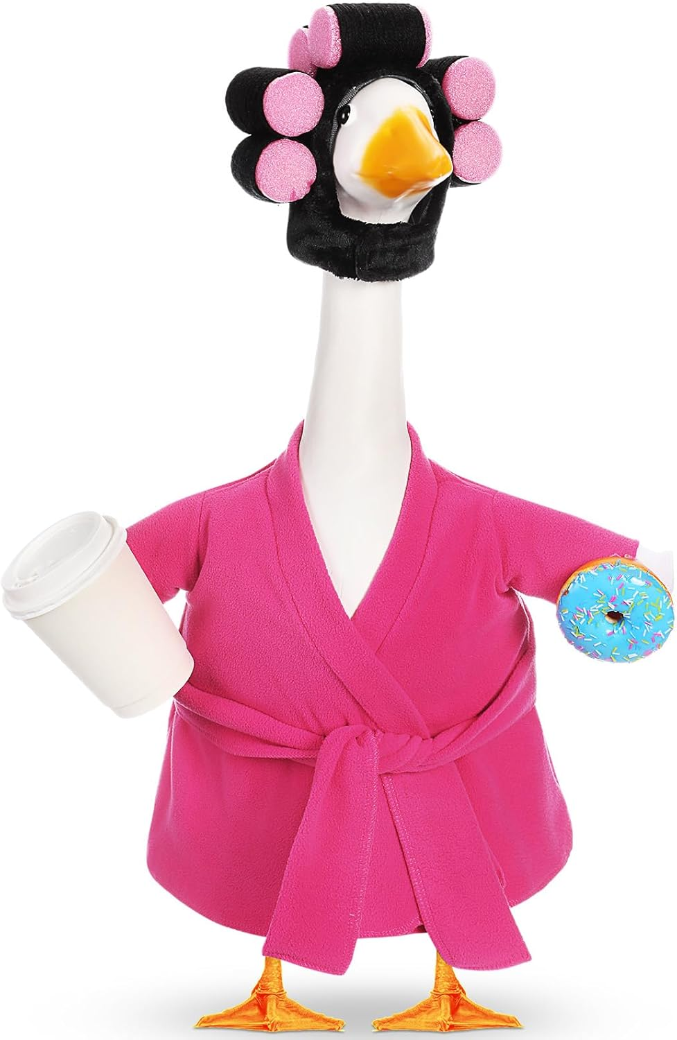 Lady Porch Goose Outfits for 23'' Cement Plastic Geese Statue Clothes Hot Pink Bathrobe Curlers Coffee Cup for Outdoor Garden Lawn Yard Patio Decoration