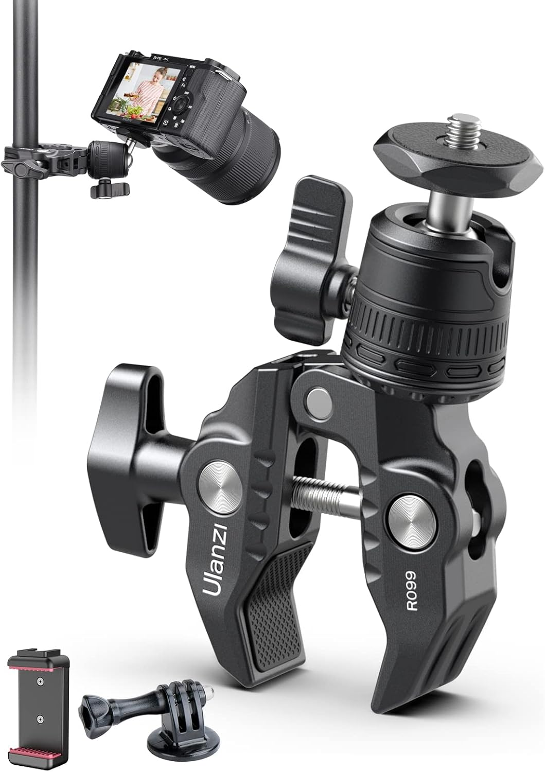 ULANZI R099 Super Clamp Camera Mount - Heavy Duty 3.3Lb Load Metal Clamp with 360° Ball Head for Action Cameras (Gopro/Insta360/Dji), DSLR, Bike/Motorcycle Handlebar, Pole/Tube Mount Accessories