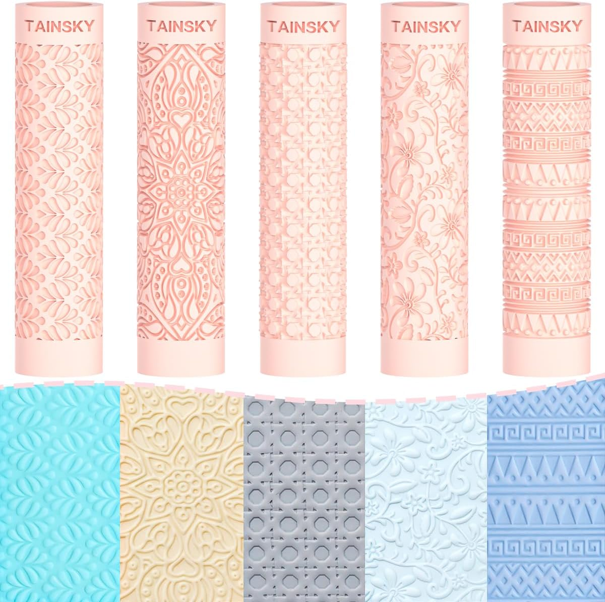 TAINSKY 5 Pcs Polymer Clay Texture Roller, Pottery Stamps for Polymer Clay Earrings Jewelry, Embossing Pottery Texture Rollers for Jewelry Making#1