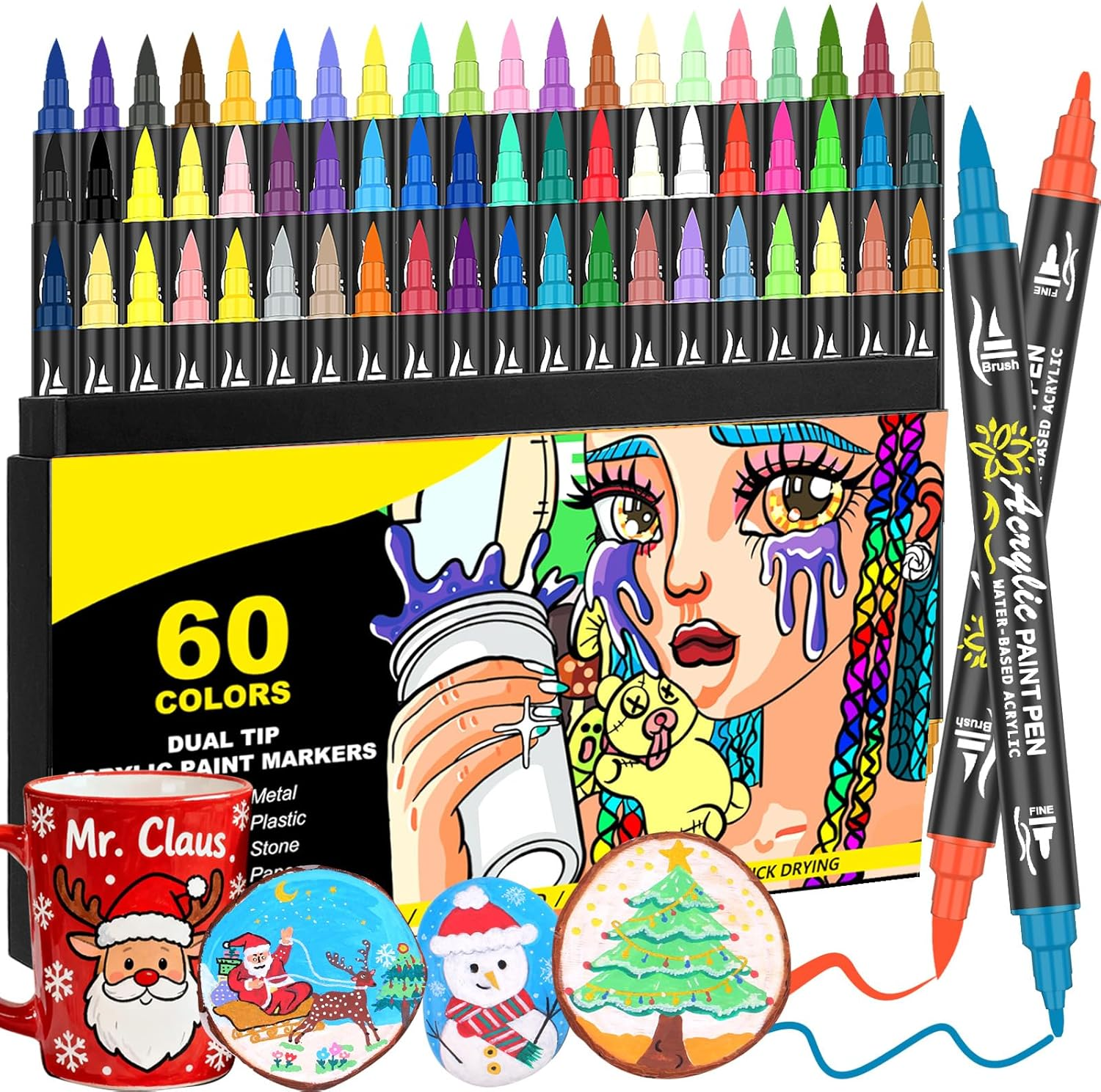 60 Colours Dual Tip Acrylic Paint Pens Set -Acrylic Paint Markers with Brush & Fine Tip for Rock Painting, Wood, Glass, Ceramic, Stone, Fabric, Art Projects, DIY Crafts