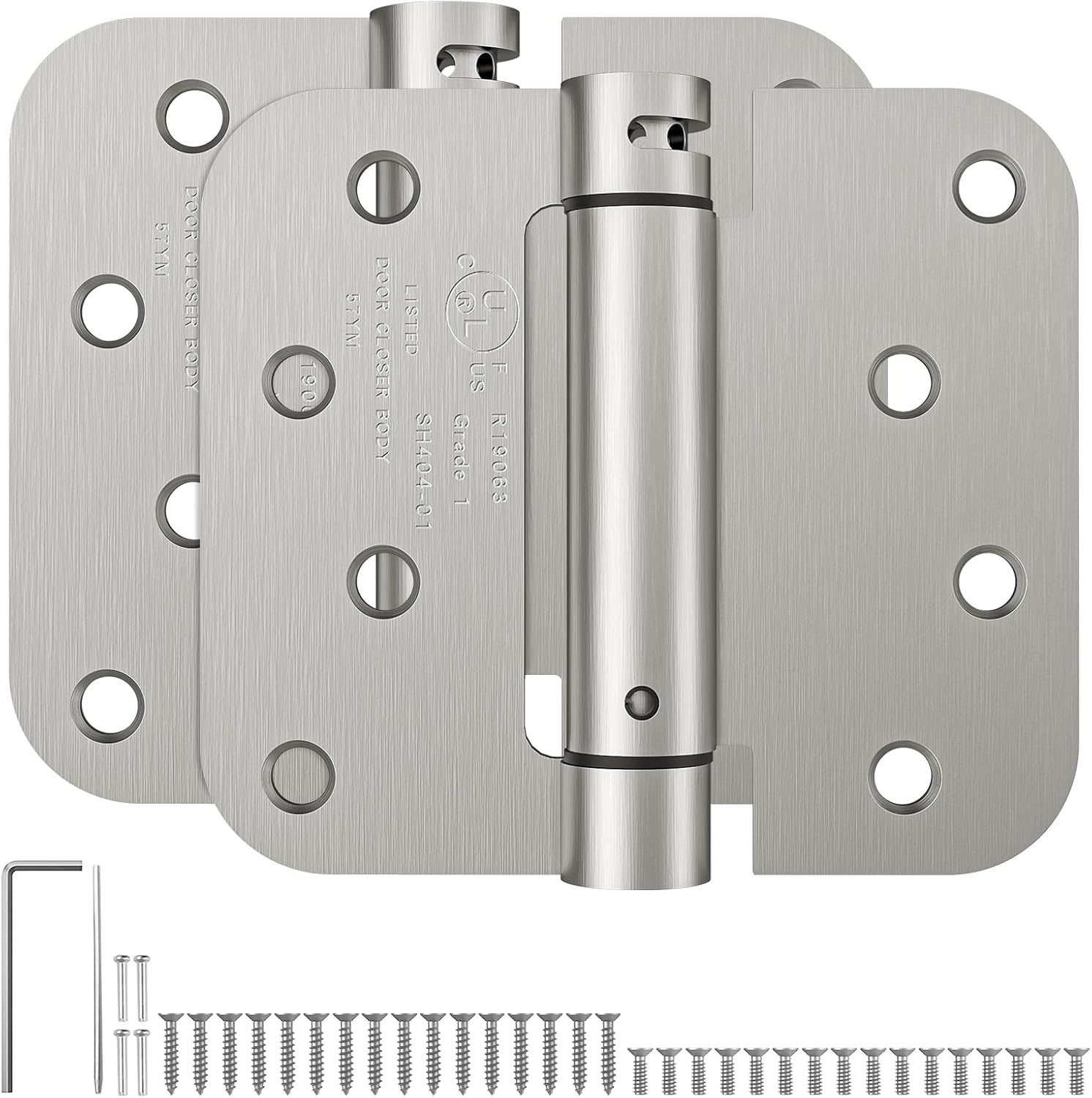 Self Closing Spring Loaded Hinges, 4 Inch, Adjustable Tension for Garage, Front, Back Door, UL Listed, Left and Right Hand, 5/8'' Radius Corners, Brushed Nickel, 2 Pack