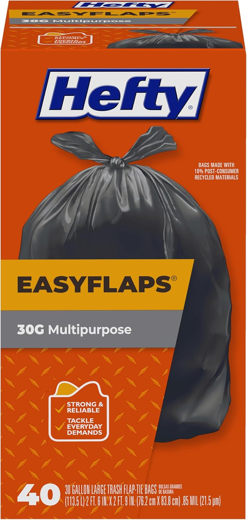 Easy Flaps Multipurpose Large Trash Bags, 30 Gallon, 40 Count