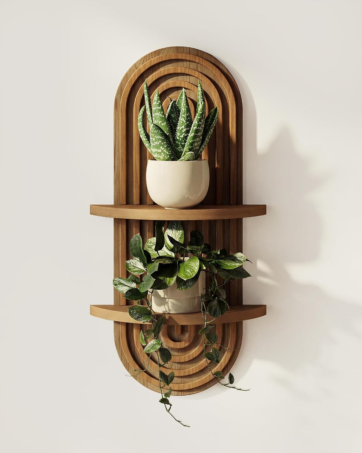 Boho Wall Decor Brown Plant Wall Shelf, Mid Century Modern Decor Hanging Plant Shelf, 2-Tier Wooden Floating Shelves for Home, Bathroom Bedroom Living Room, Office Holding Planter Decoration