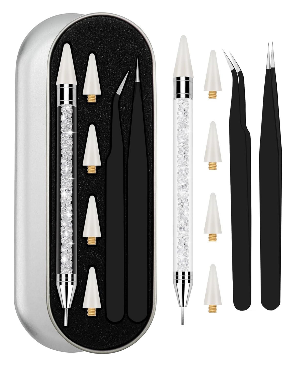 Rhinestone Picker Tool Set,Rhinestone Applicator Tool,Rhinestone Picker Dotting With 4 Extra White Replaceable Wax Head and 2 Tweezer (White)