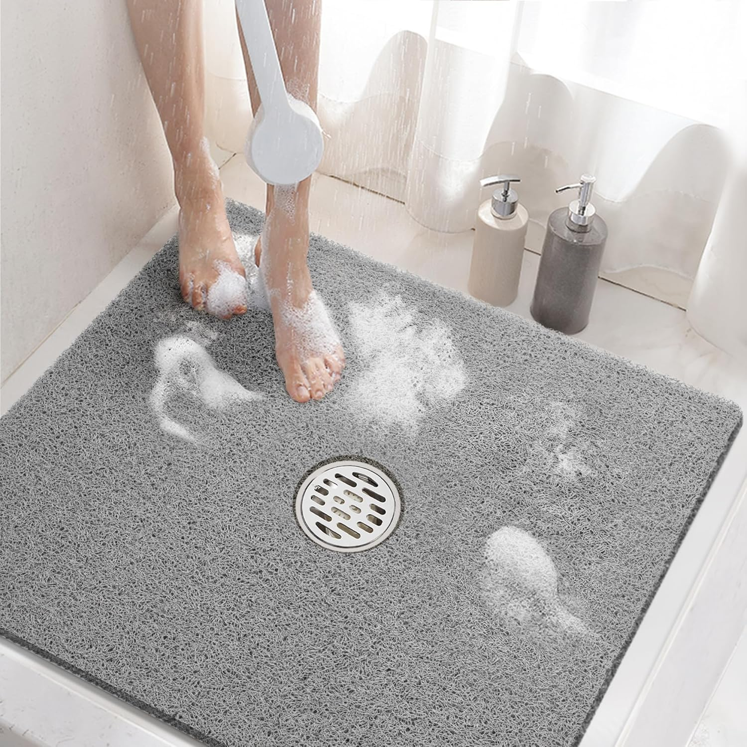 HITSLAM Square Shower Mat, 24 X 24 Inch Non Slip Bath Mat for Tub, Soft PVC Loofah Bathtub Mats with Drain Holes, Quick Drying Bathroom Stall Floor Mat, Bathroom Accessories without Suction Cup, Grey
