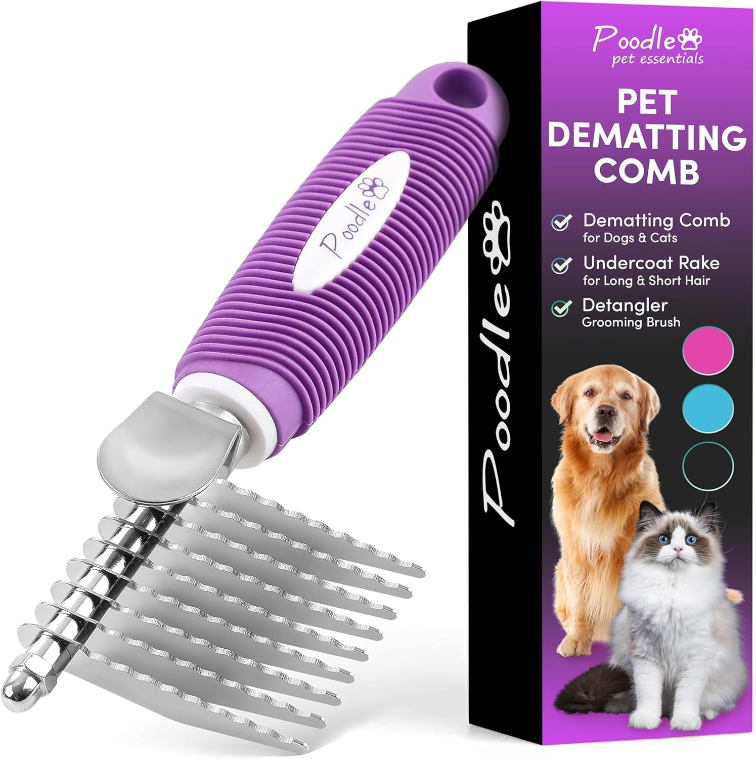 Poodle Dematting Fur Rake Comb Brush for Dogs and Cats - Long 2.5