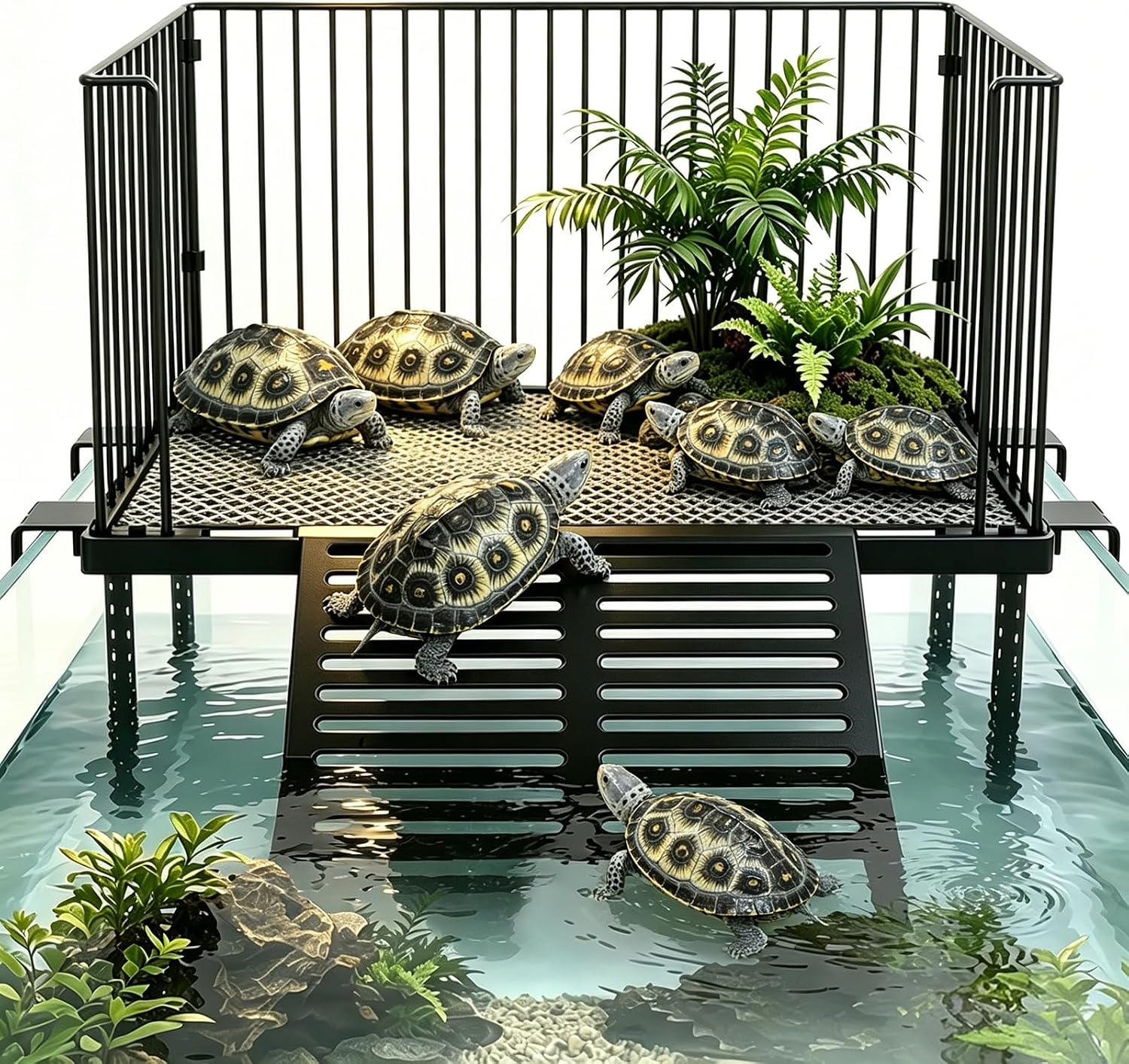 Turtle Basking Platform with Ramp, for 40-150 Gal Tank | Sliding Hooks Adjust Water Depth Easily. Fits 22-24 Inch Rim. Rust-Proof SS, Non-Slip Ramp for Safe Climbing.