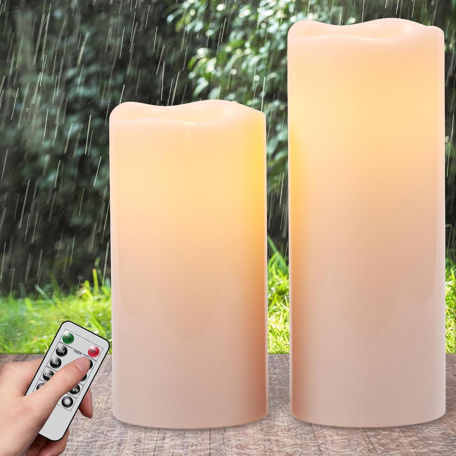 Large Outdoor Flameless Candles with Remote Timer White Plastic Waterproof Battery Operated LED Flickering Pillar Candles for Garden Patio Porch Lantern Decor(2 Pack, 4