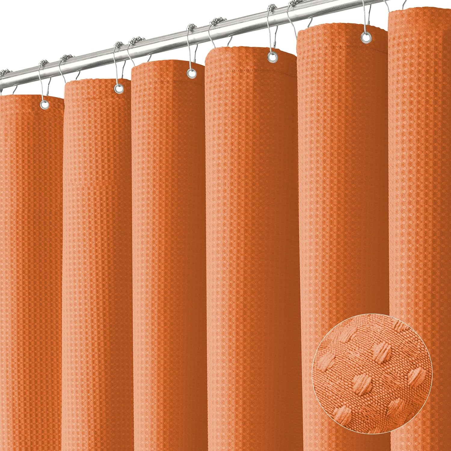 Extra Long Shower Curtain - 96 Inch Long Waffle Weave Weighted Thick Cloth Bathroom Shower Curtain, Neutral Heavy Duty Hotel Bath Curtain Set with 12 Plastic Hooks,72X96, Burnt Orange