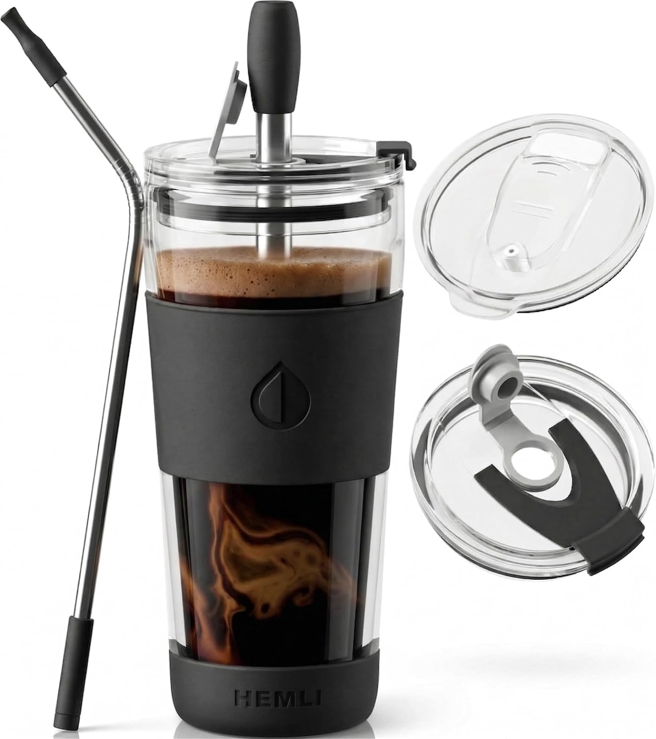 19 Oz. Clear Double Wall Glass Coffee Tumbler, to Go Glass Travel Mug with Lid, Portable with Straw, Reusable Cup Tea, Smoothies, Ice Coffee, and Boba (New Black)