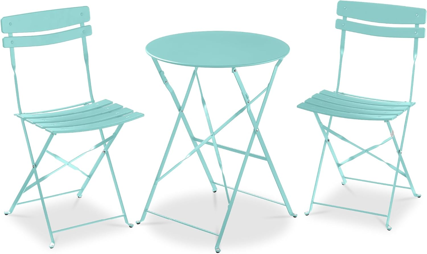 3-Piece Bistro Set, Space Saving Folding Design, Solid Steel, Outdoor Patio Furniture Set W/ 2 Chairs, Bistro Table - Aqua Blue