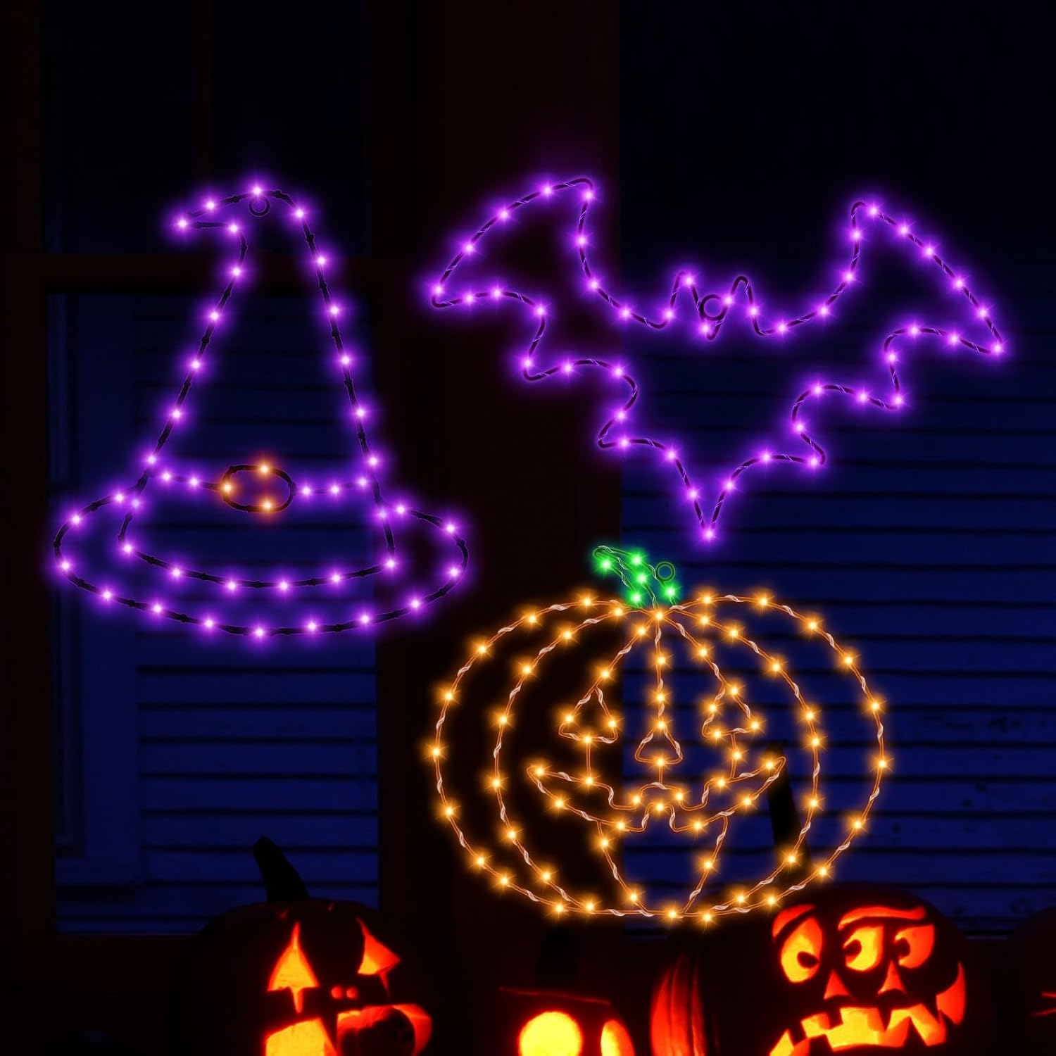 Halloween Decorations, Bat Pumpkin Hat Window Lights, 8 Modes Battery Operated Halloween Lights with Timer, Waterproof Window Silhouette Light for Indoor Window Door Yard Party Decor
