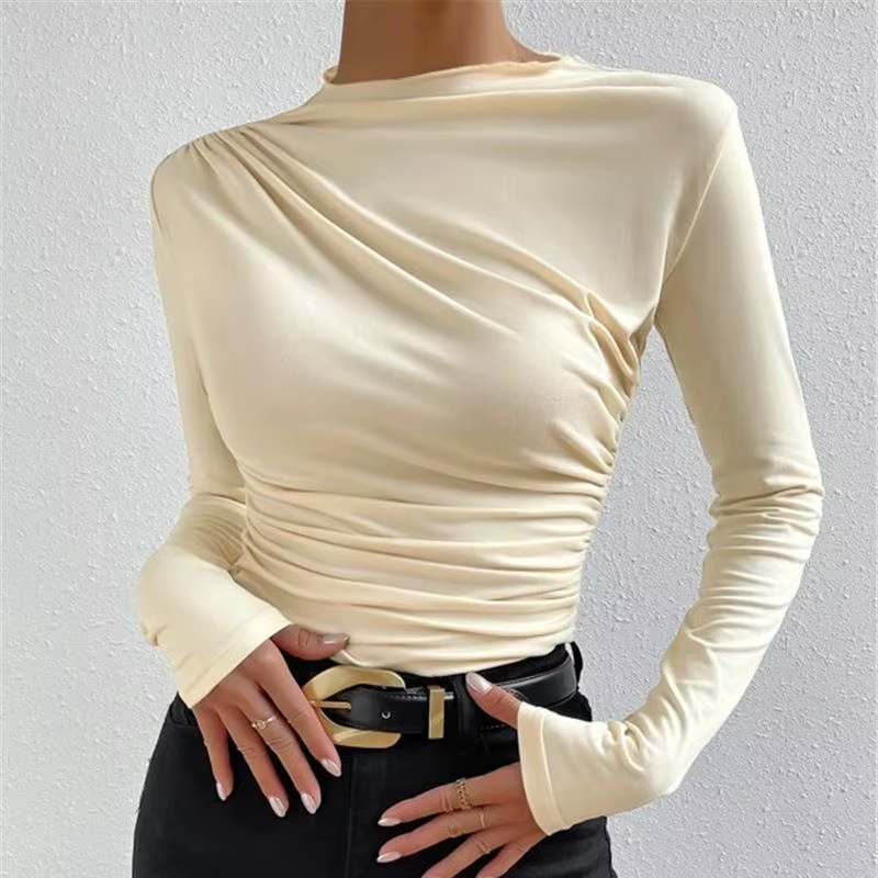 Fashion Lady'S Shirt Solid Color Slim Long Sleeve Designer T-Shirt Pleated Blouse Shirts for Women