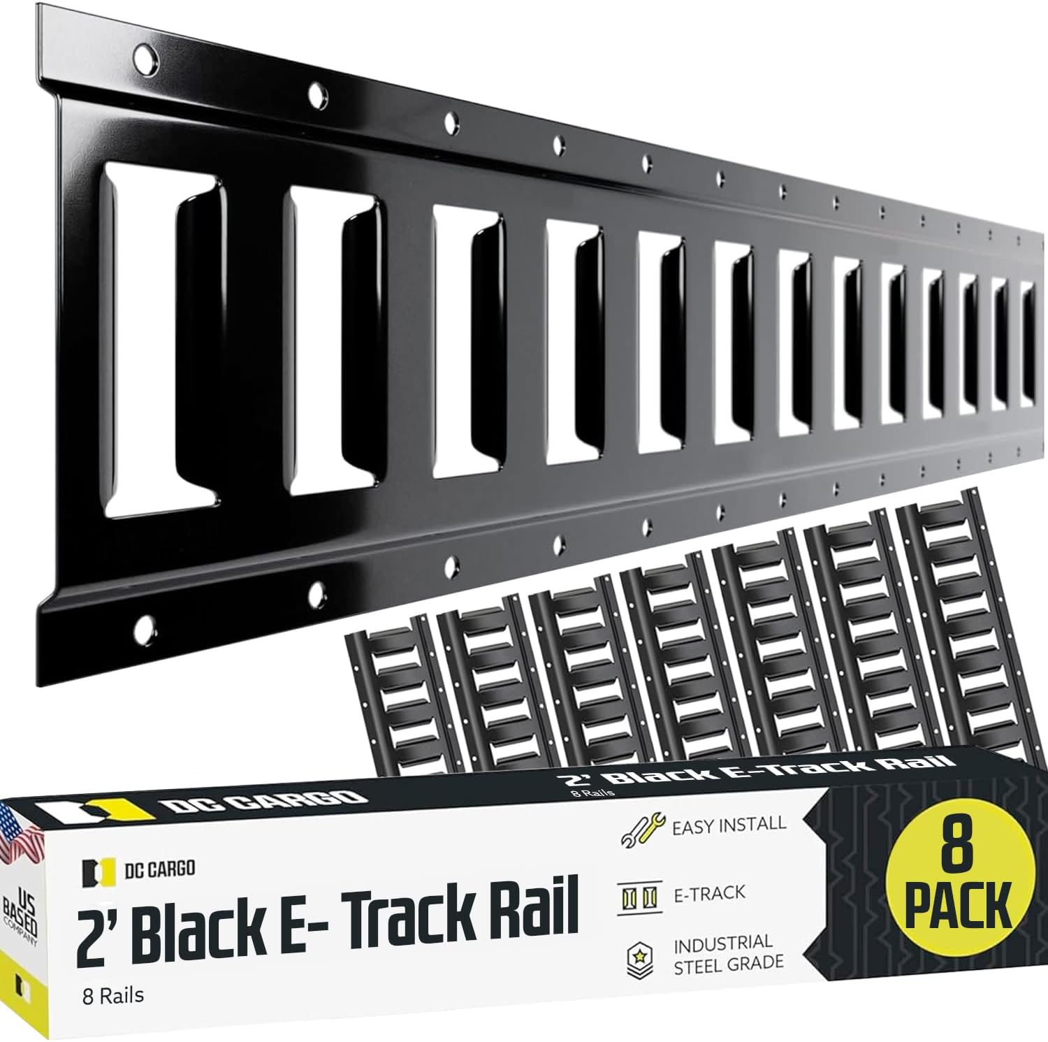 DC Cargo Mall E Track Tie down Rail Kit 2' (8 Pack) for Garages, Vans, Trailers, Motorcycle Tie Downs, ATV Mountings - Etrack Bar Rails – Powder-Coat Black - Secure Cargo & Heavy Loads up to 2,000 Lbs
