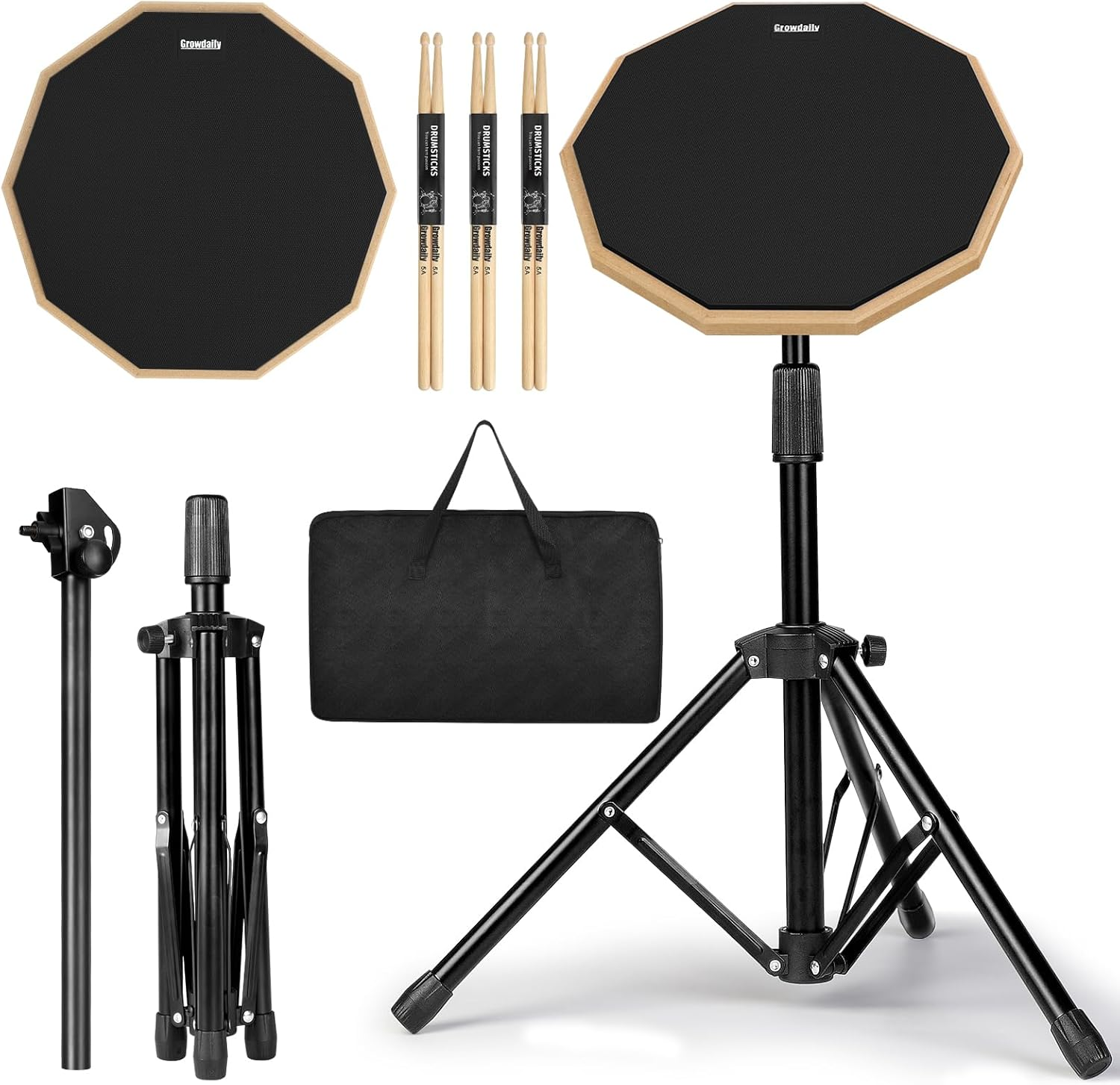 Drum Practice Pad Snare Drum Stand Set 12 in with Double Sided Silent Drum Pad, Drum Sticks,Carrying Bag Adjustable Stand (Black)