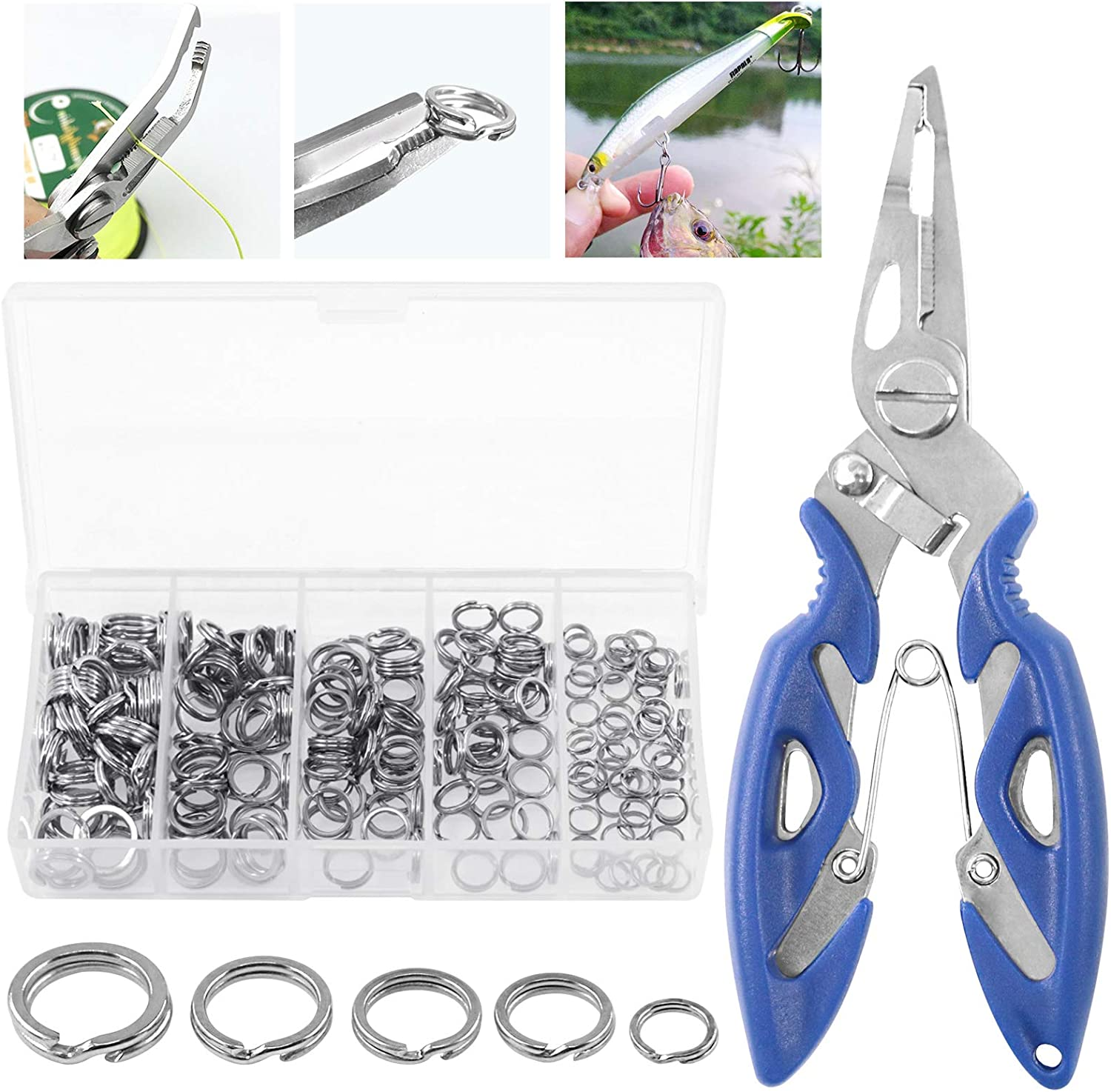201 Pcs Stainless Steel Fishing Split Rings 5 Sizes Double High Strength Lure Tackle Connector kit with Fishing Pliers Fish Hook Remover Fishing Tackle for Freshwater and Saltwater