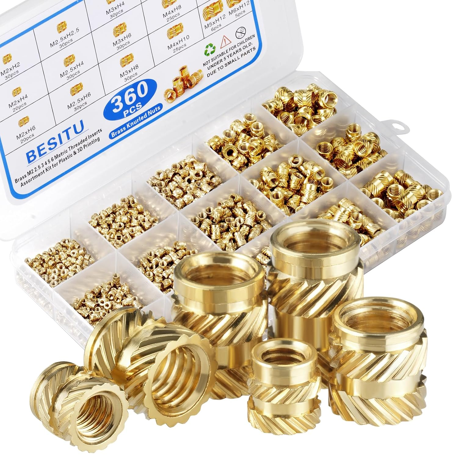 360Pcs Threaded Inserts M2 M2.5 M3 M4 M5 M6 Brass Heat Set Insert for Plastic Metric Knurled Nut Inserts Kit for 3D Printing Components Injection Molding