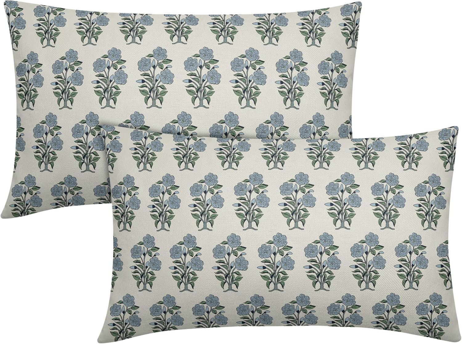 Blue Green Floral Block Print Lumbar Pillow Covers 12X20 Set of 2 Chinoiserie Flower Leaves Outdoor Decorative Throw Pillows Farmhouse Pillowcases Rectangle Cushion Case Decor for Home Sofa Couch Bed