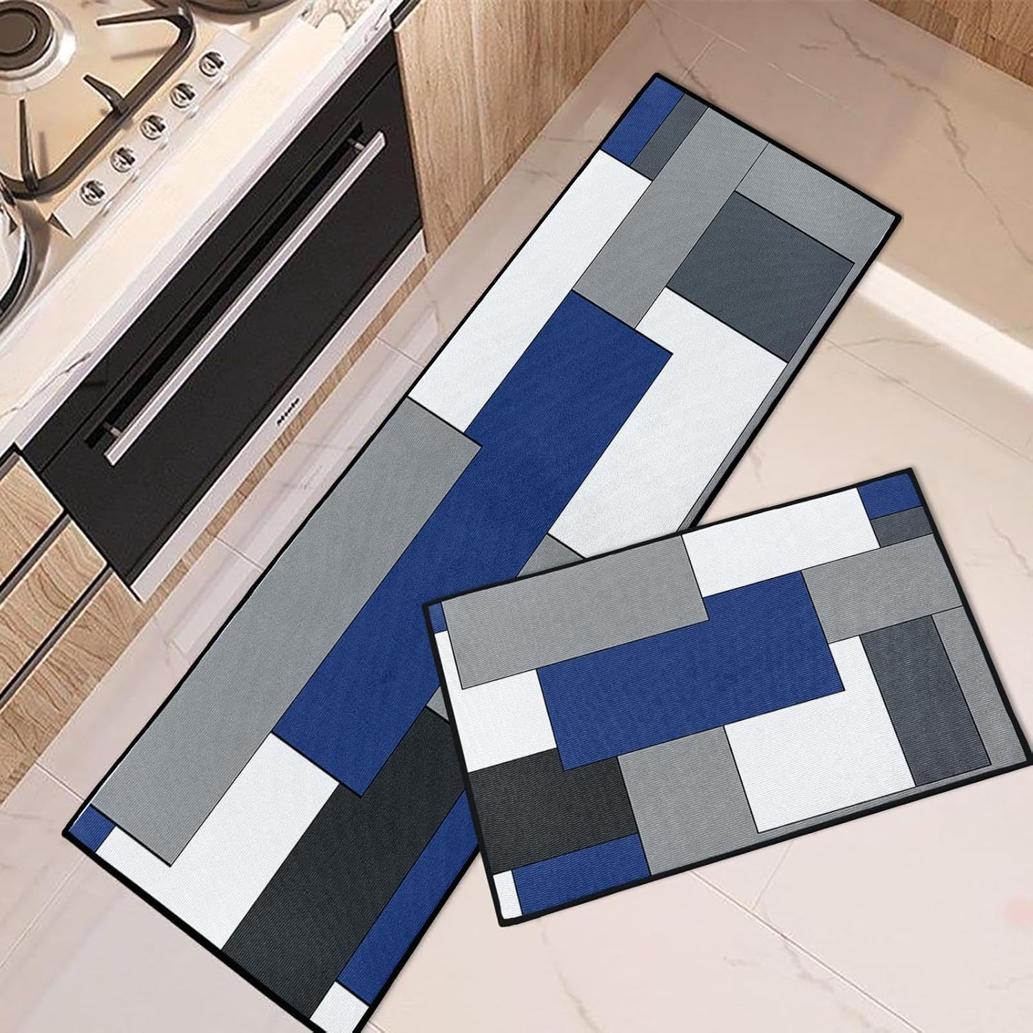 Blue Kitchen Rugs and Mats Non Skid Washable Set of 2, Navy Black Grey Geometric Kitchen Mats for Floor, Modern Abstract Minimalist Checkered Kitchen Runner Rug Home Decor