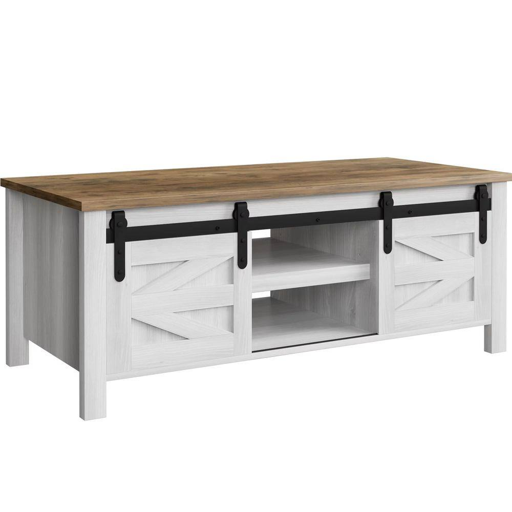 47 In. Farmhouse Washed White Rectangle Oak Wood Coffee Table with Sliding Barn Doors and Hidden Storage Compartments