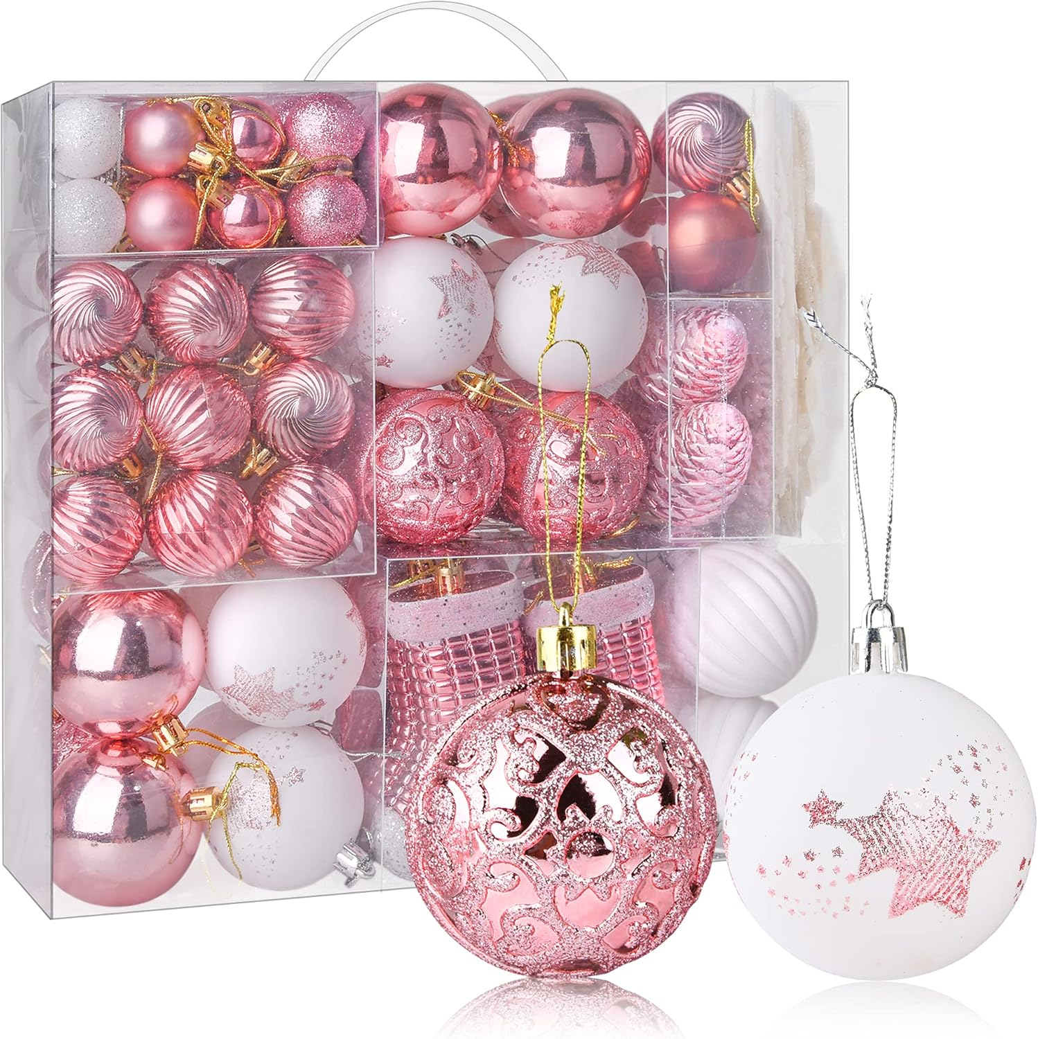 114Ct Christmas Balls Ornaments for Xmas Tree - Shatterproof Small Christmas Tree Decorations Rose Gold Pink & White Balls Ornament Bulk, 1.18-4.7Inches (Pink)