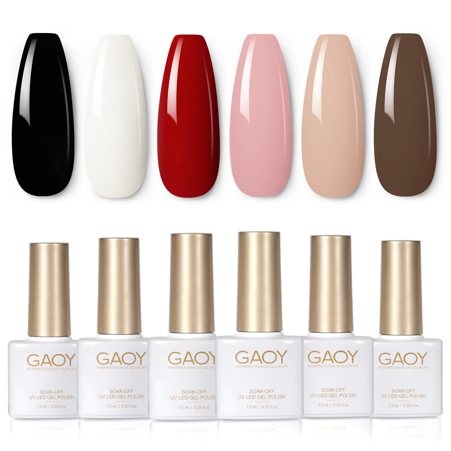 White Red Black Gel Nail Polish Set, 6 Colors Brown Pink Nude Soak off UV Light Cure Gel Polish Kit for Salon and Nail Art DIY at Home