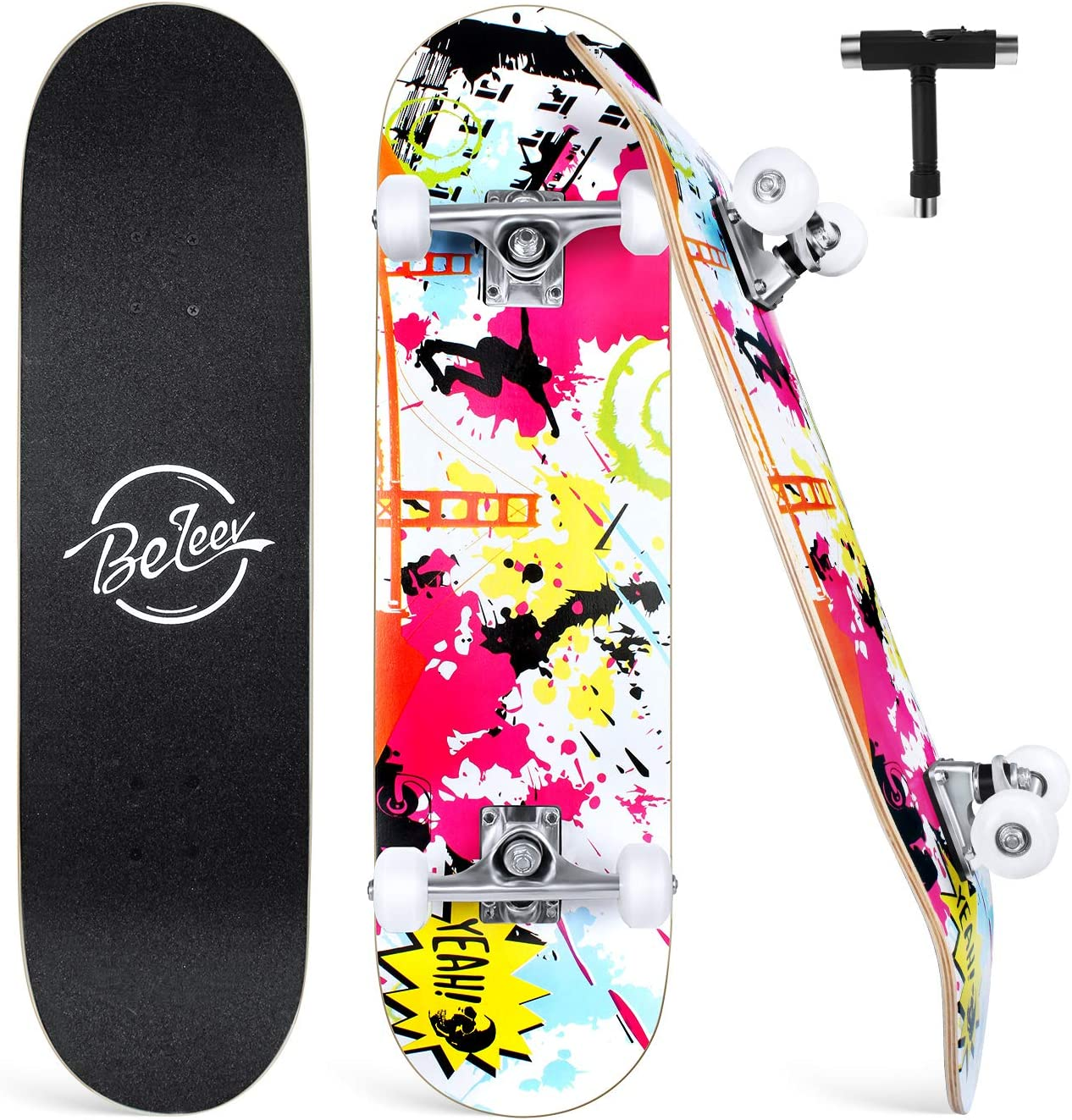 Skateboards, 31 X 8 Inch Complete Skateboard for Beginners, 7 Layer Canadian Maple Double Kick Deck Concave Cruiser Trick Skateboard for Kids Teens & Adults