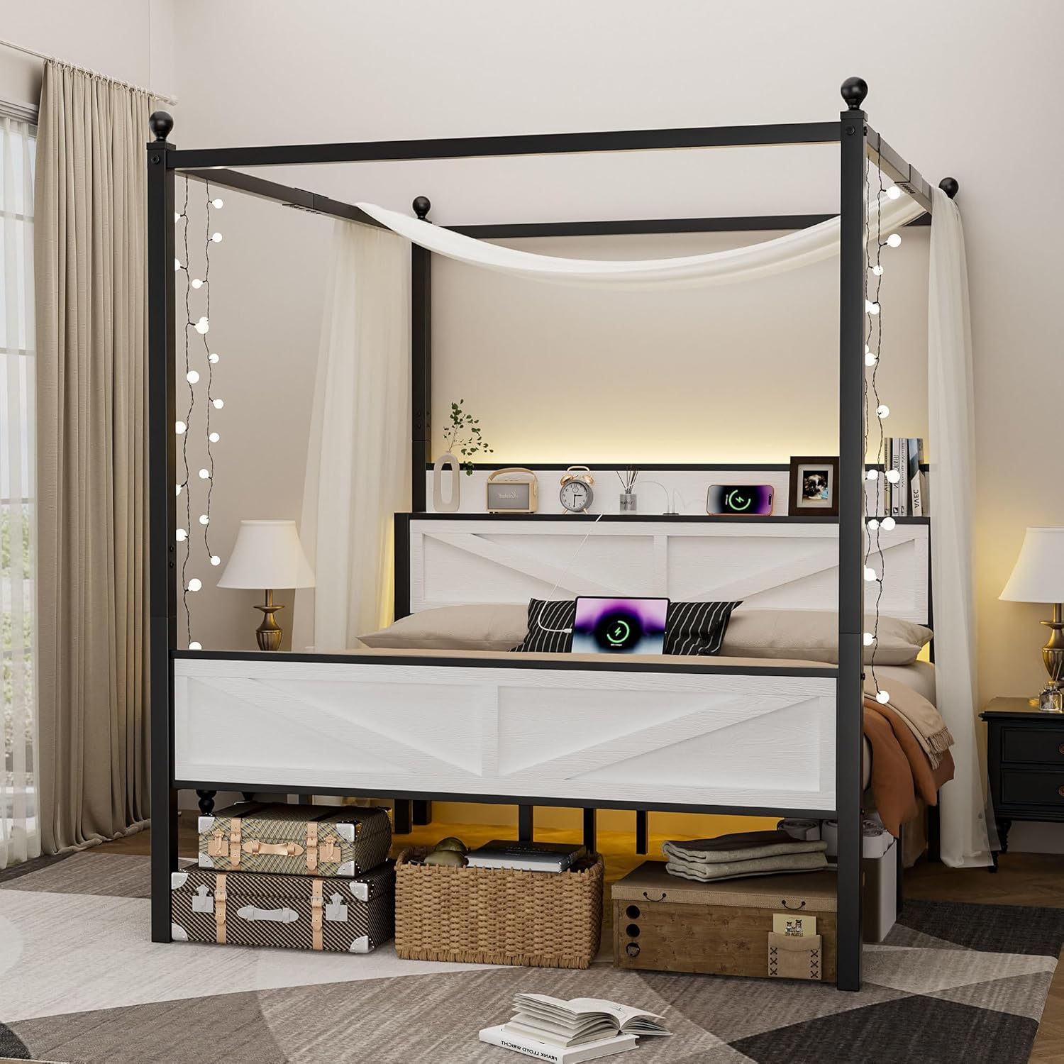Full Size Canopy Bed Frame with Barn Door Storage Headboard, Metal Slats Support LED Light & Charging Station/No Box Spring Needed/Easy Assembly/Curtain Not Included/White