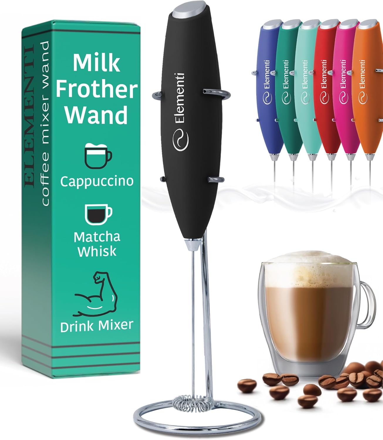 Milk Frother Wand & Electric Stirrer with Stand - Turbo Coffee & Milk Frother Handheld - Hand Held Coffee Mixer Wand & Cold Foam Maker for Frothy Cappuccinos, Lattes & Drink Mixes at Home (Black)