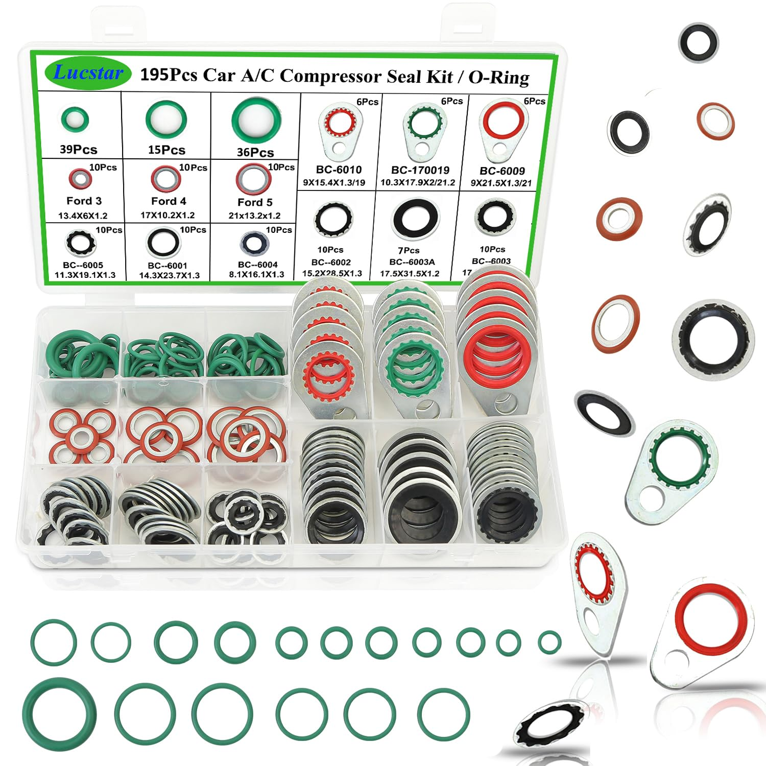 Lucstar 195PCS A/C Seal Kit,AC O Ring Assortment Kit, AC Gasket Seal Kit, Automo