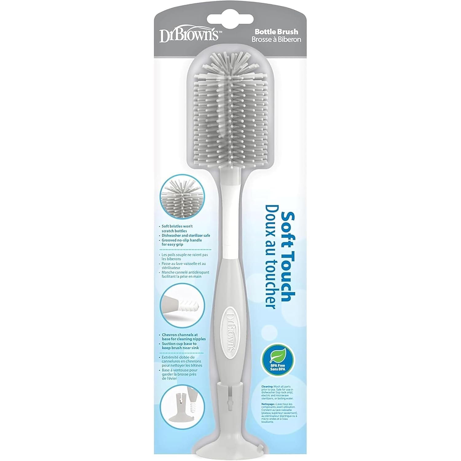Dr. Brown'S Soft Touch No Scratch Baby Bottle Cleaning Brush, Nipple Cleaner and Suction Cup Base for Easy Storage, Bpa-Free, Gray