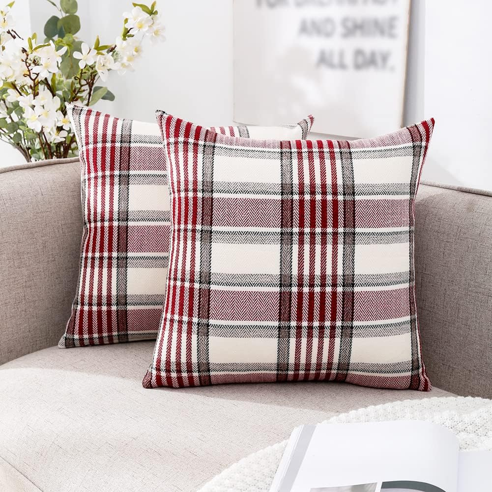 Red Christmas Tartan Plaid Pillow Covers 18X18 Set of 2 Farmhouse Buffalo Plaid Red Striped Throw Pillow Cover for Living Room Couch Sofa