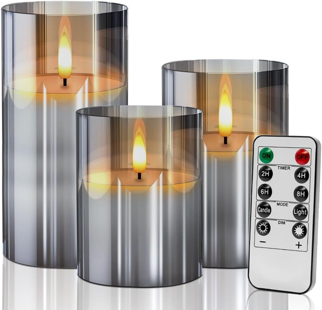 LED Flameless Candle Set, Battery Operated with Remote Control and Timer, Glass Effect Moving Electric LED Candle for Home Decor (Set of 3, Grey, Modern Style)