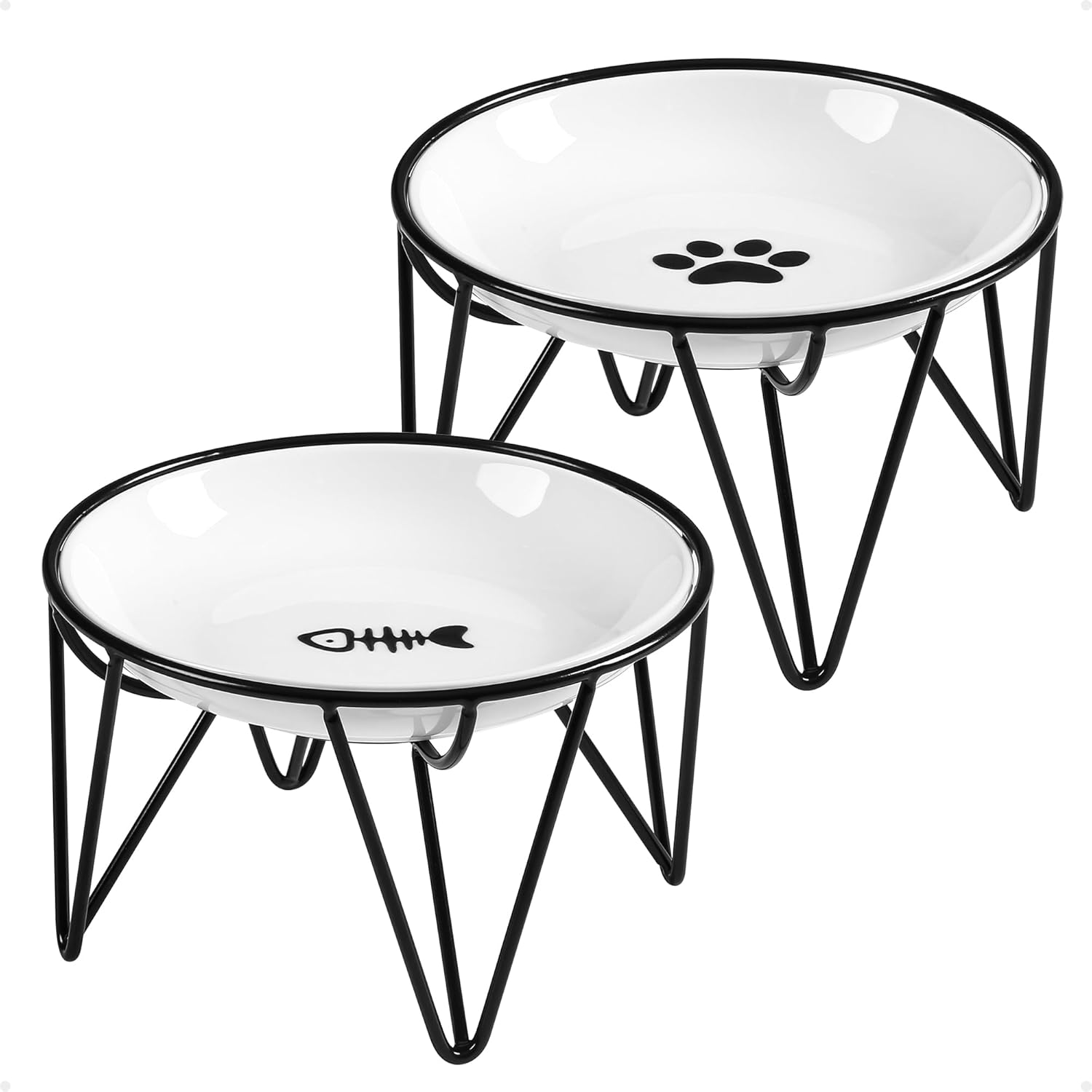 Ceramic Cat Bowls, 2 Pack - Raised, Whisker Friendly, Anti-Vomiting Cat Food Plates - Hygienic, Secure Material, Elegant Stand, 10 Oz, for Indoor Cats & Kittens