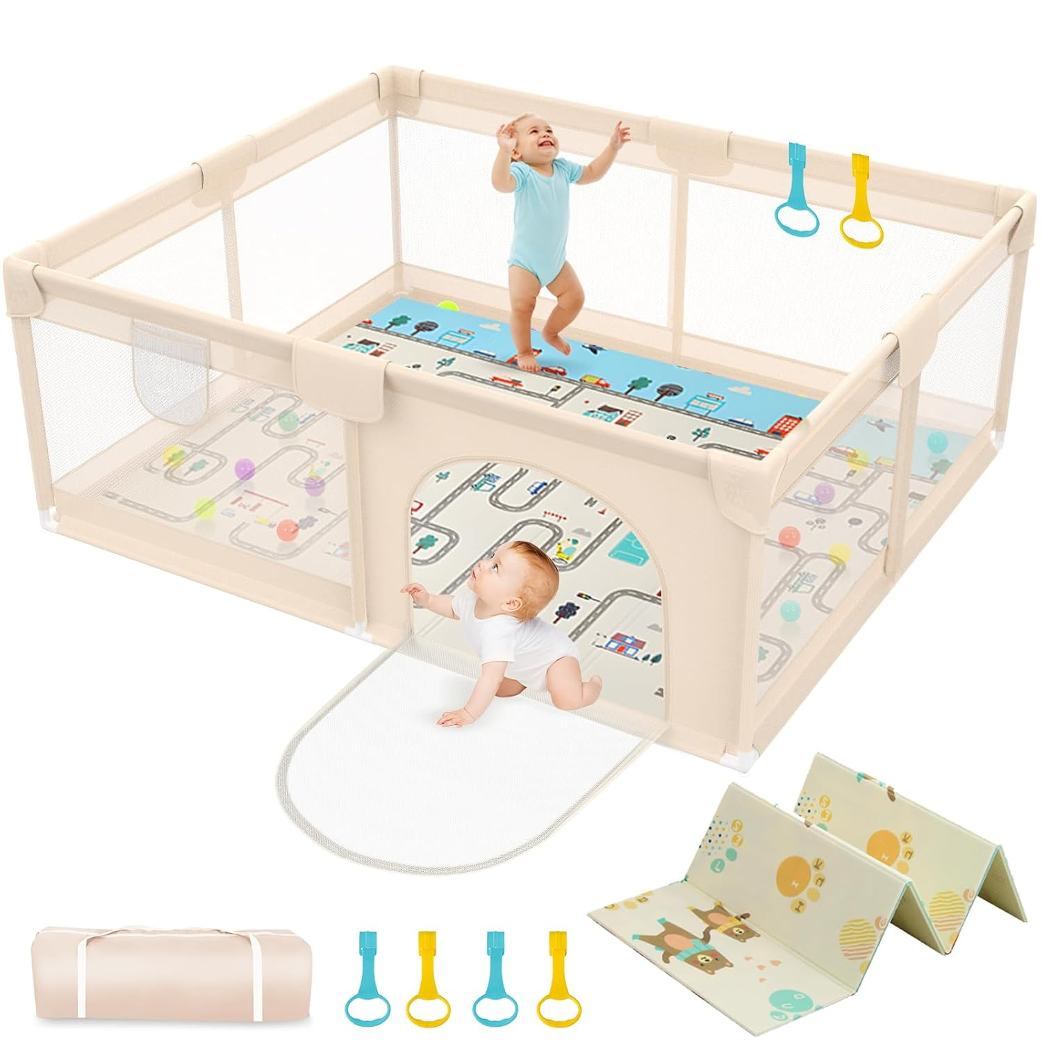 71 X 59 Baby Play Pen with Mat - Indoor & Outdoor Playpen for Babies and Toddlers - Extra Large Play Yards with Soft Foam & Sturdy Bottom Suction Cups - Toddler Baby Play Yard with Gate(Apricot)