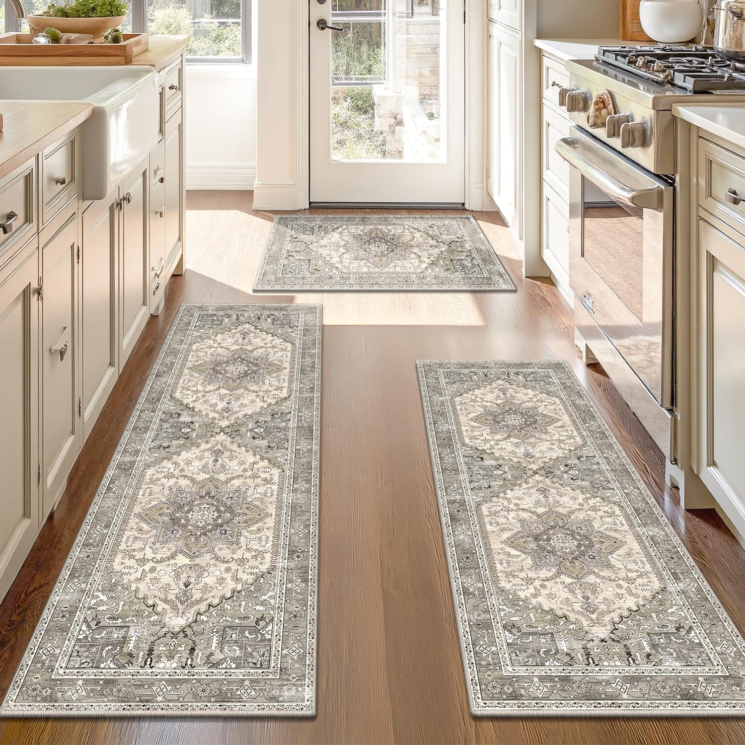 Yamaziot Boho Washable Kitchen Rugs Sets of 3, Non Slip Kitchen Mats for Floor with Rubber Backing, Waterproof & Stain Resistant Carpet Runner Throw Rug for Kitchen, Laundry Room, Hallway