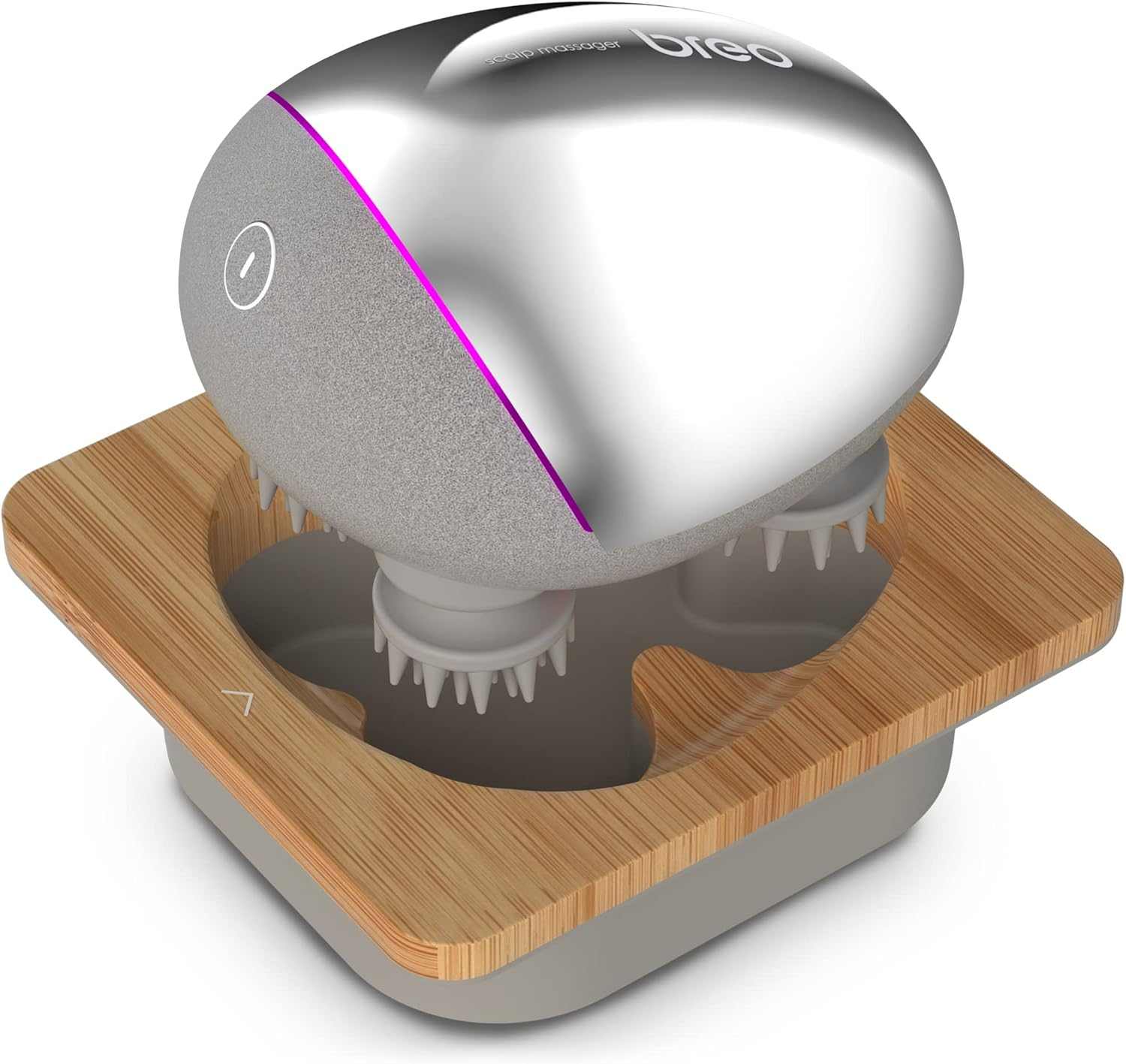 Portable Mini Scalp Massager – IPX7 Waterproof Rechargeable Head Massager for Scalp Relax, Stress Relief Tool with Bamboo Wood Charging Base, Removable Massage Nodes (Silver with Base)