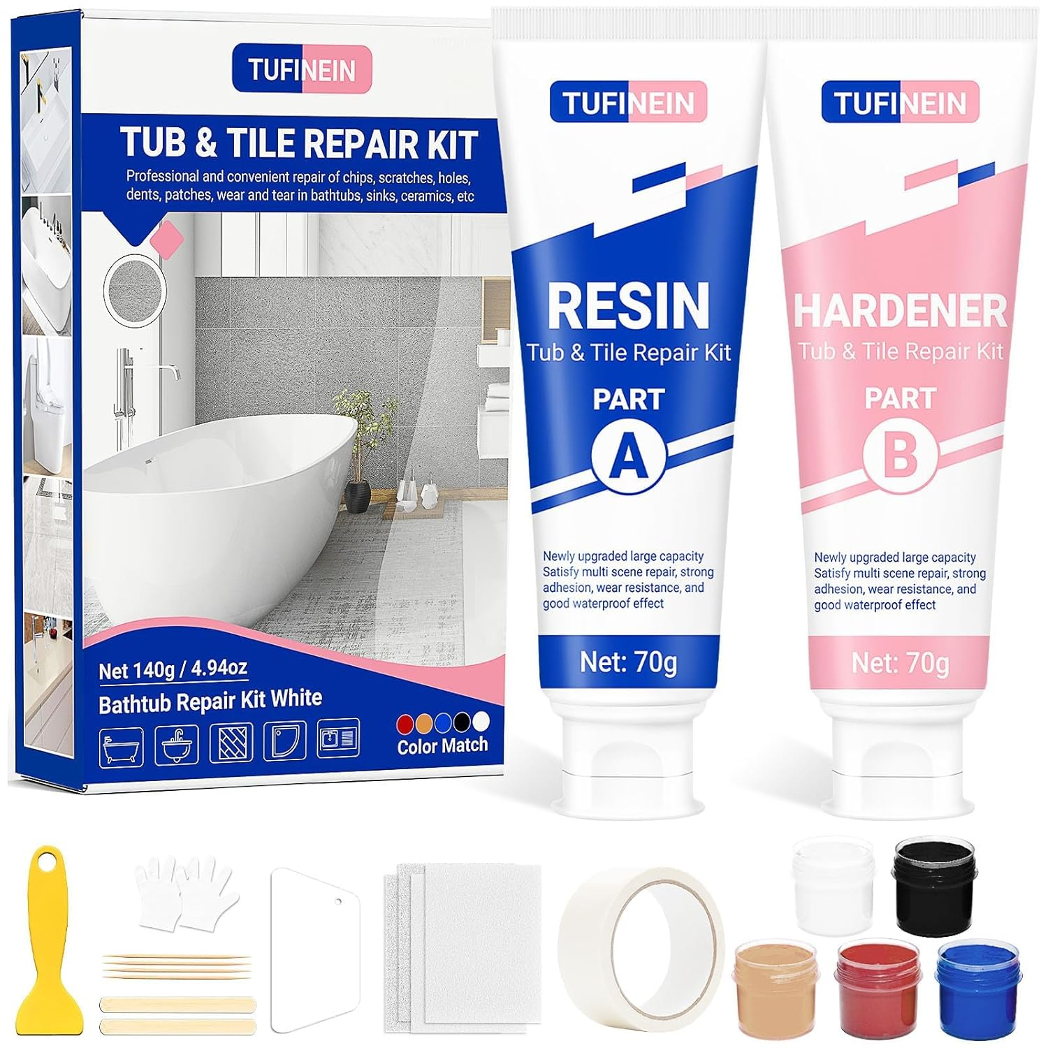 Bathtub Repair Kit 4.94Oz (Color Match), Porcelain Repair Kit for Fiberglass, Enamel, Ceramic, Acrylic Repair and Fix Chips, Cracks, Scratches, Holes on Tub/Tile/Sink/Shower Tray/Shower