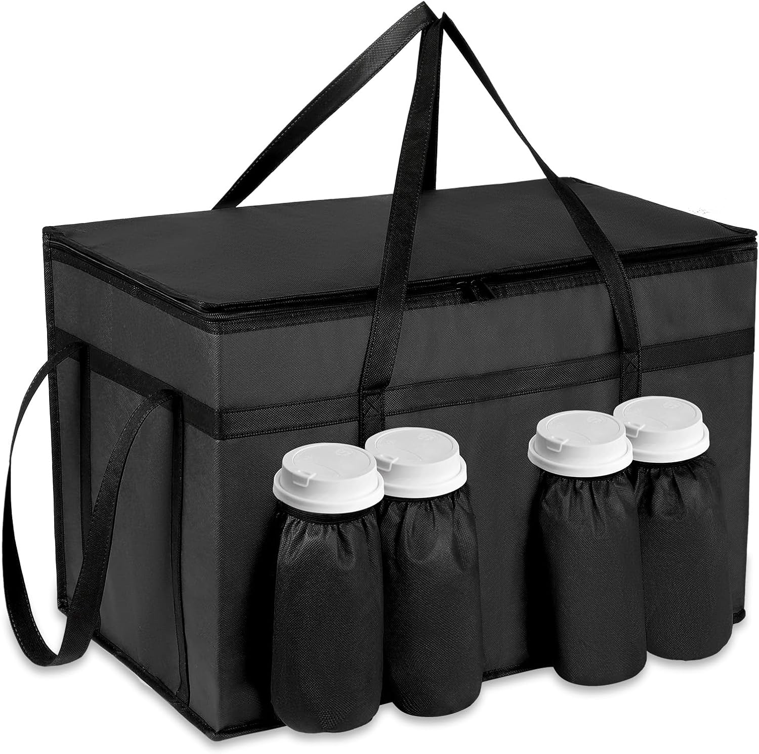 Insulated Food Delivery Bag, Xxx-Large Capacity, 4 Cup Holder, Zippered Top, Cooler Bags, Food Carrier Catering Bag, Commercial Food Warmers for Beverages, Pizza, Takeout, Black
