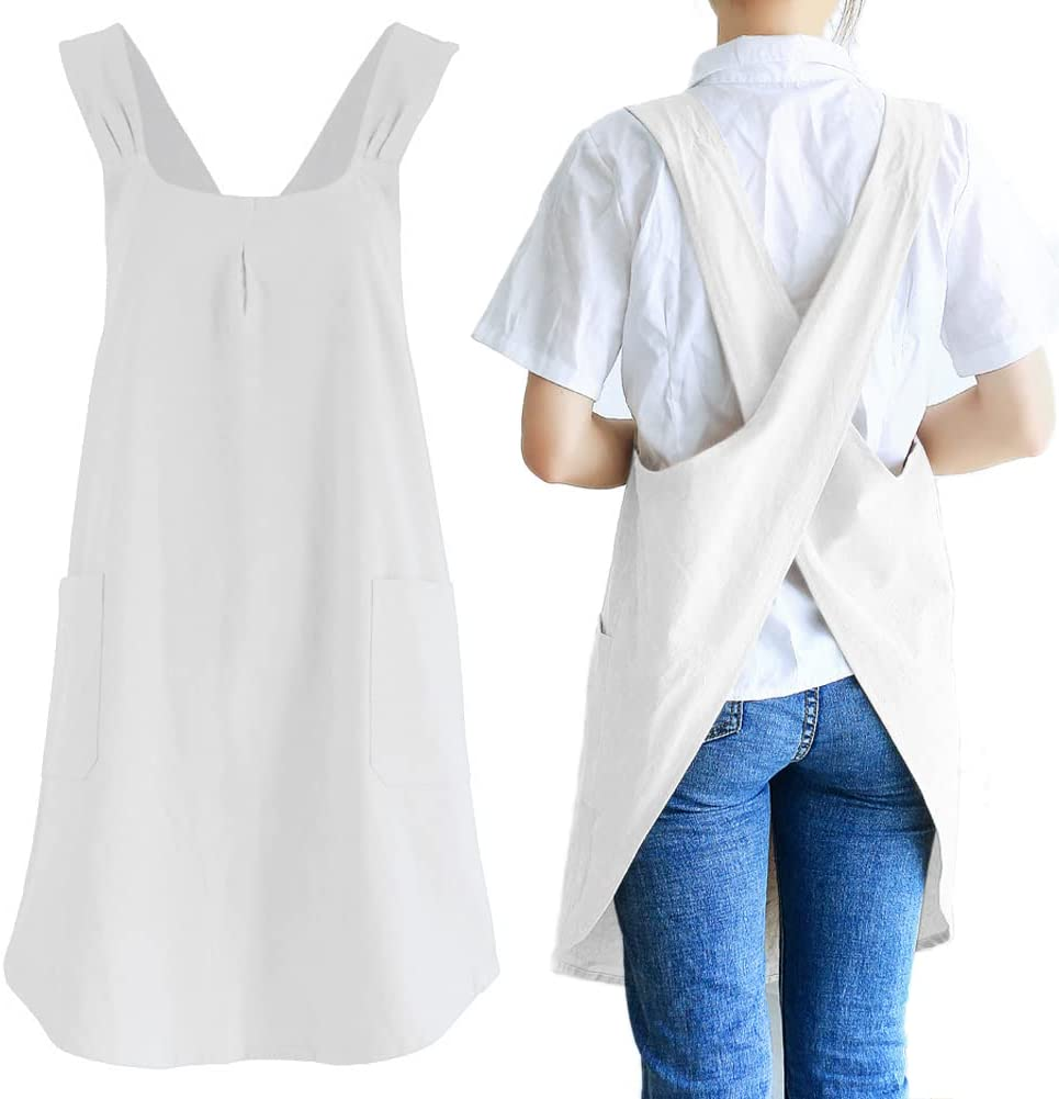 Japanese Cotton Linen Cross Back Cooking Apron for Women Men with Pockets Cute for Baking Kitchen