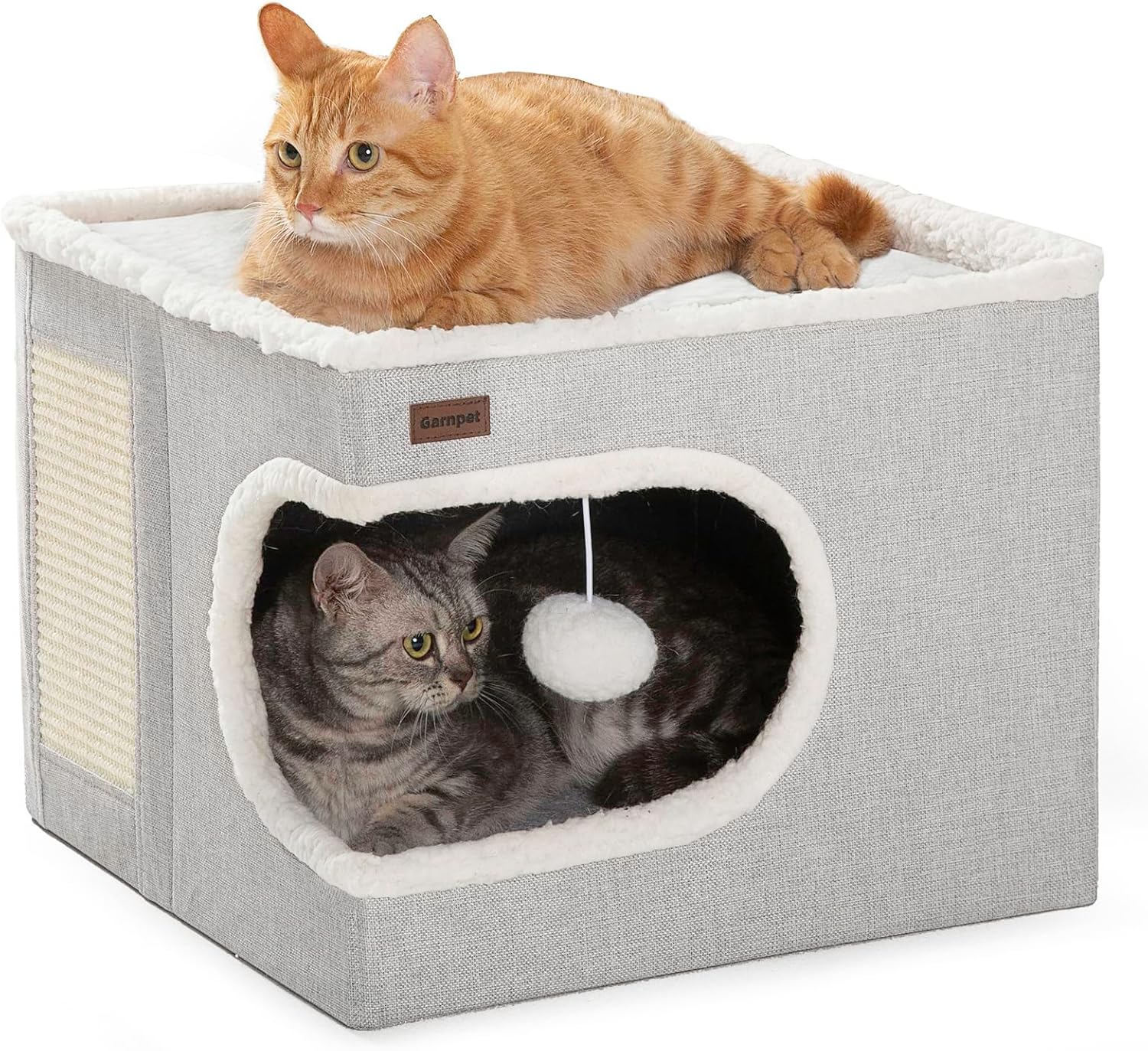 Grey Cat Bed for Indoor Cats Cube House, Covered Cat Cave Beds Scratch Pad Hideaway Tent