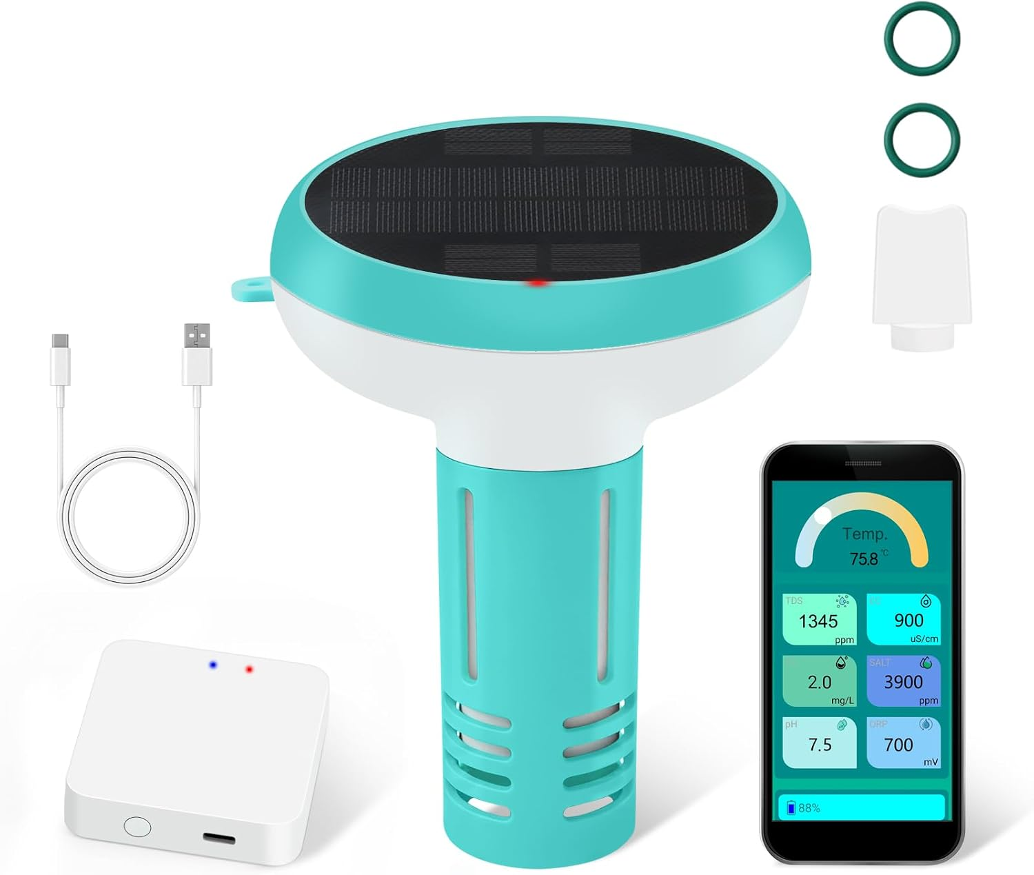 Digital Pool Water Tester, 7-In-1 Smart Floating Meter, Wifi Enabled, Chlorine, Salinity, Tests Ph, ORP, EC, TDS, Temperature, Chlorine