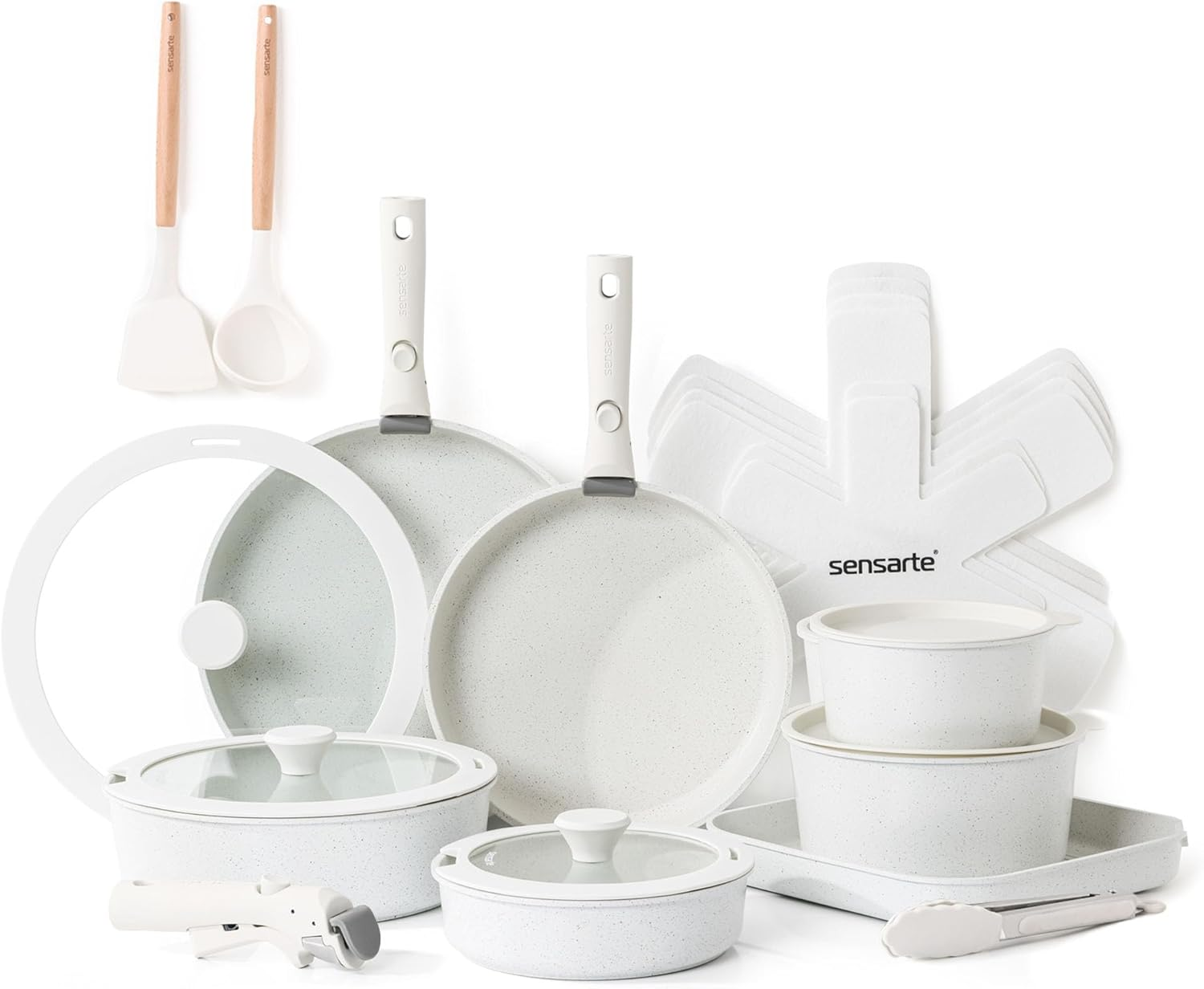 SENSARTE 24 Piece Pots and Pans Set, Nonstick Detachable Handle Cookware, Induction Kitchen Cookware Set with Removable Handle, Healthy Non Stick for RV, Dishwasher & Oven Safe, PFOA Free (White)