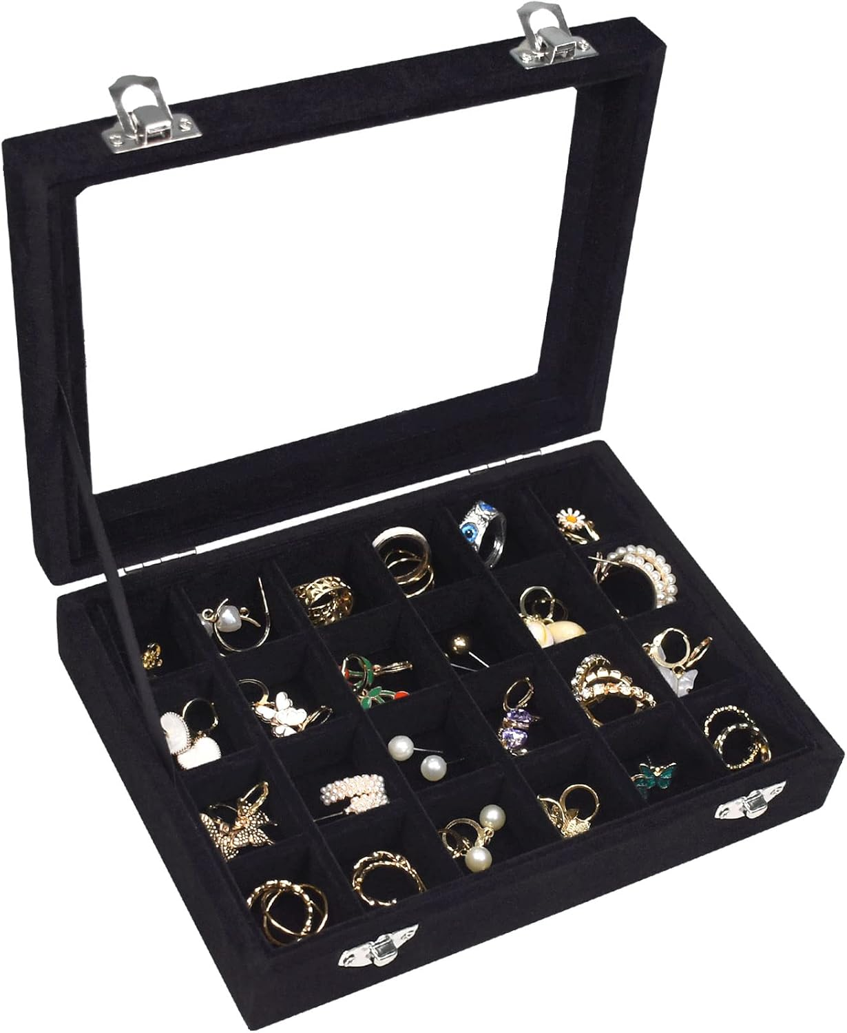 Velvet Jewelry Box 24 Grid Jewelry Ring Display Organiser Box Tray Holder Case  (Black)