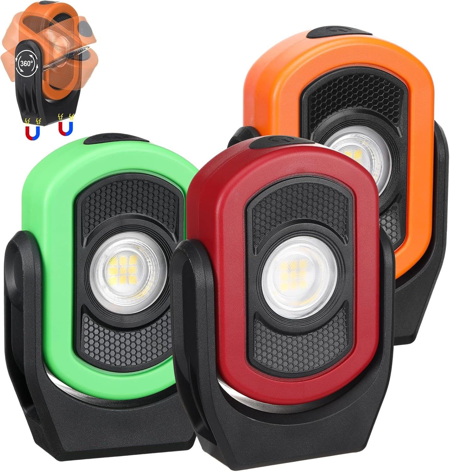 3 Pack 780 Lumens Magnetic Work Light USB Rechargeable LED Flashlight Portable Inspection Light for Car Repair Emergency Lighting Mechanics Workshop (Red,Orange,Green-3Pk)