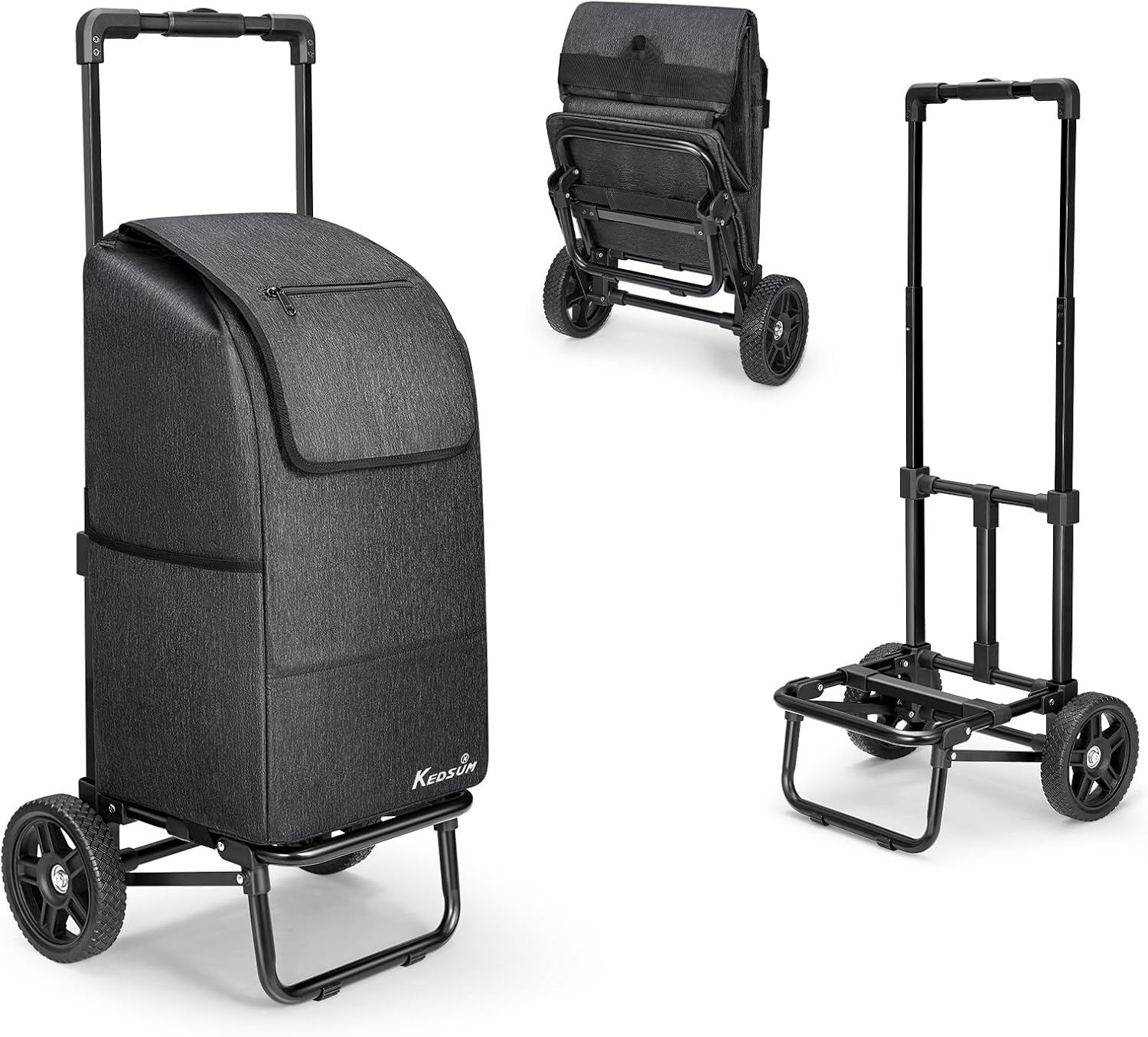 KEDSUM 2 in 1 Shopping Cart for Groceries, 330 Lbs Grocery Cart on Wheels, Foldable Utility Carts with Wheels, Load-Bearing Hand Truck with Black Waterproof Bag for Shopping, Camping, Laundry, Garden