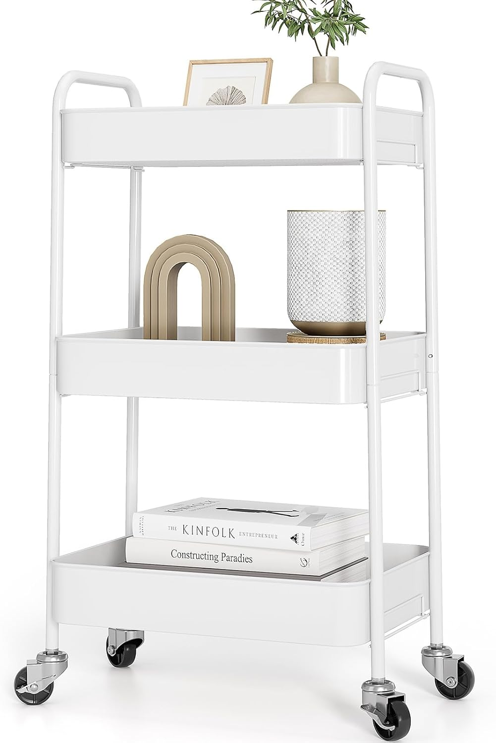 3-Tier Metal Rolling Cart with Wheels, Storage Utility Organizer Cart for Kitchen, Bathroom, Office, Baby Essentials & Makeup - Lockable Casters, Easy Assembly, 132 Lbs Capacity, White