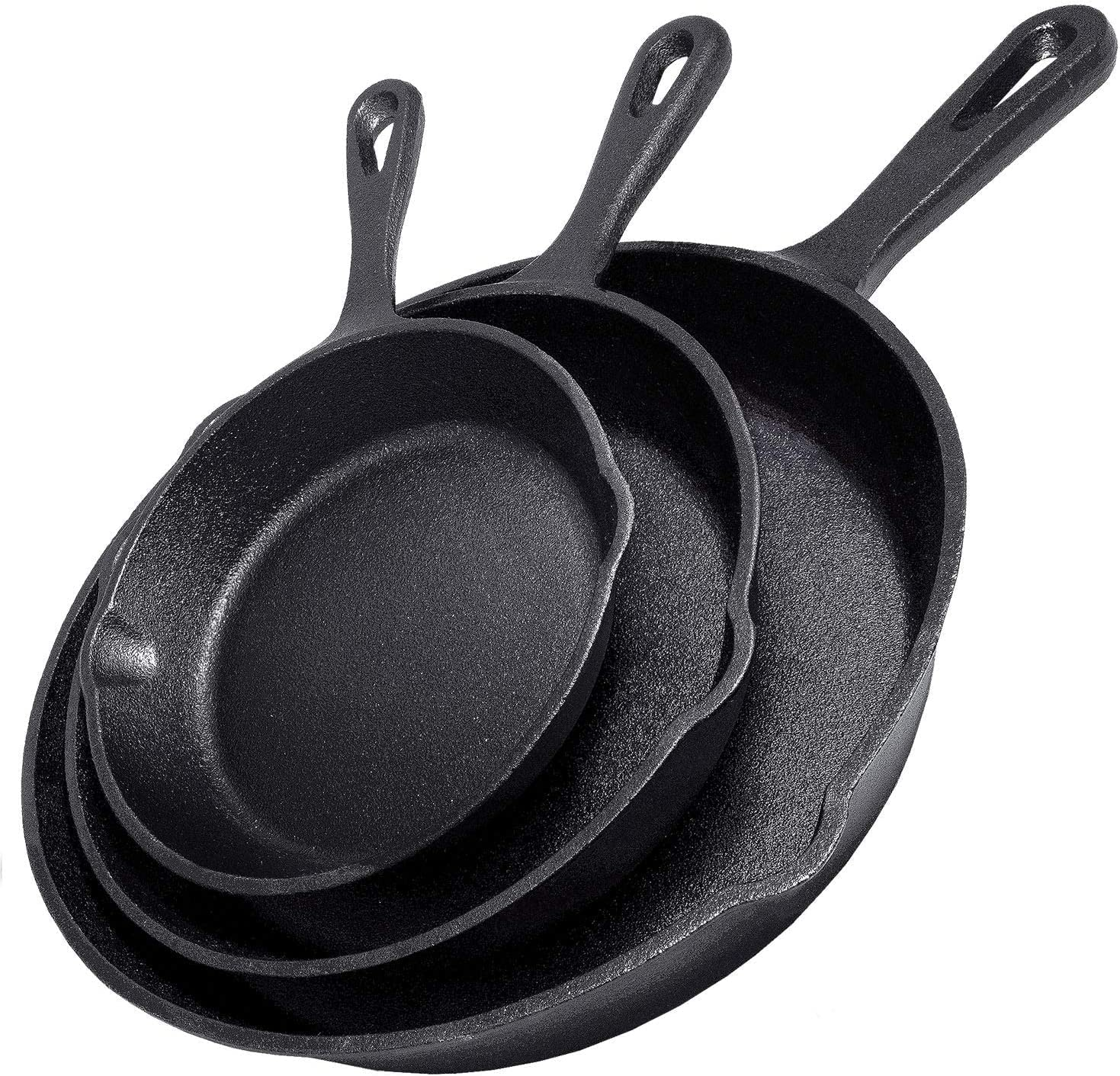 Cast Iron Skillet 3-Piece Set - Heavy-Duty Professional Restaurant Chef Quality Pre-Seasoned Pan Cookware Set - 10